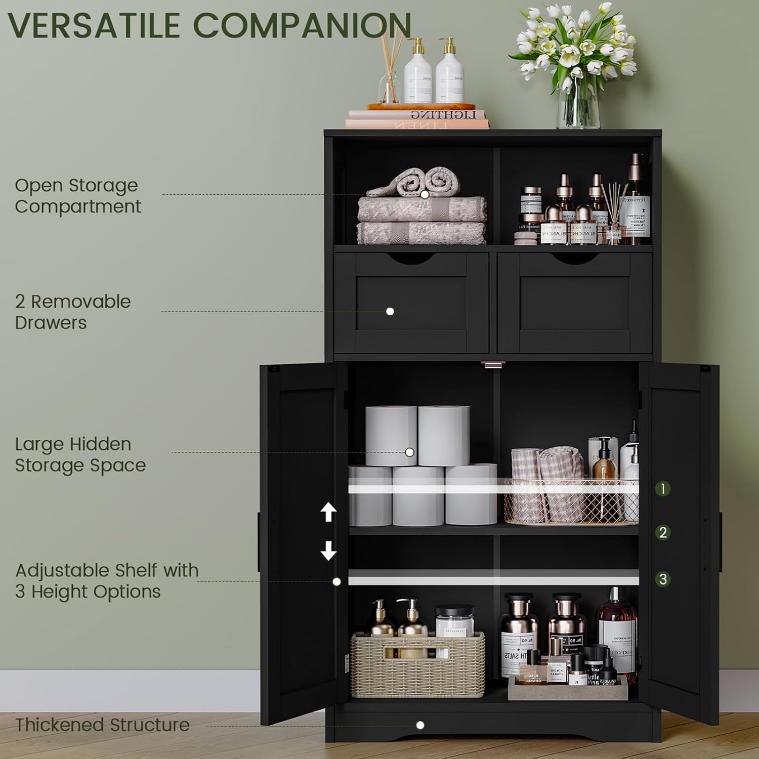 Iwell Storage Cabinet with 2 Drawers & Adjustable Shelves, Cupboard, Floor Cabinet for Living Room, Home Office, Rustic Brown