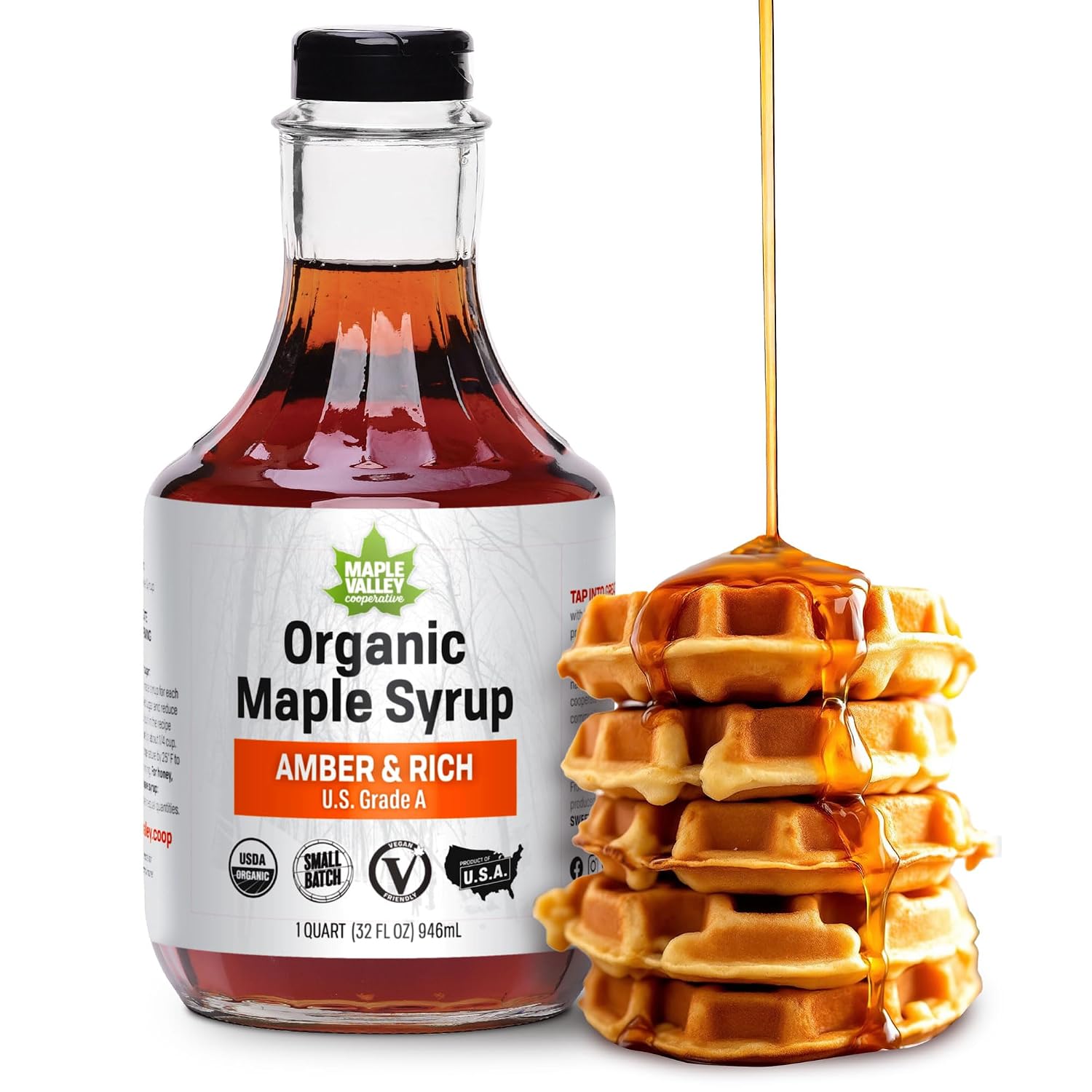 Maple Valley Organic Pure Maple Syrup, Dark & Robust, 32oz (Glass Bottle)​ | Naturally Sweetens Cooking, Baking, Coffee, Tea and Marinades; A Better Alternative to Refined Sugar and Table Syrup