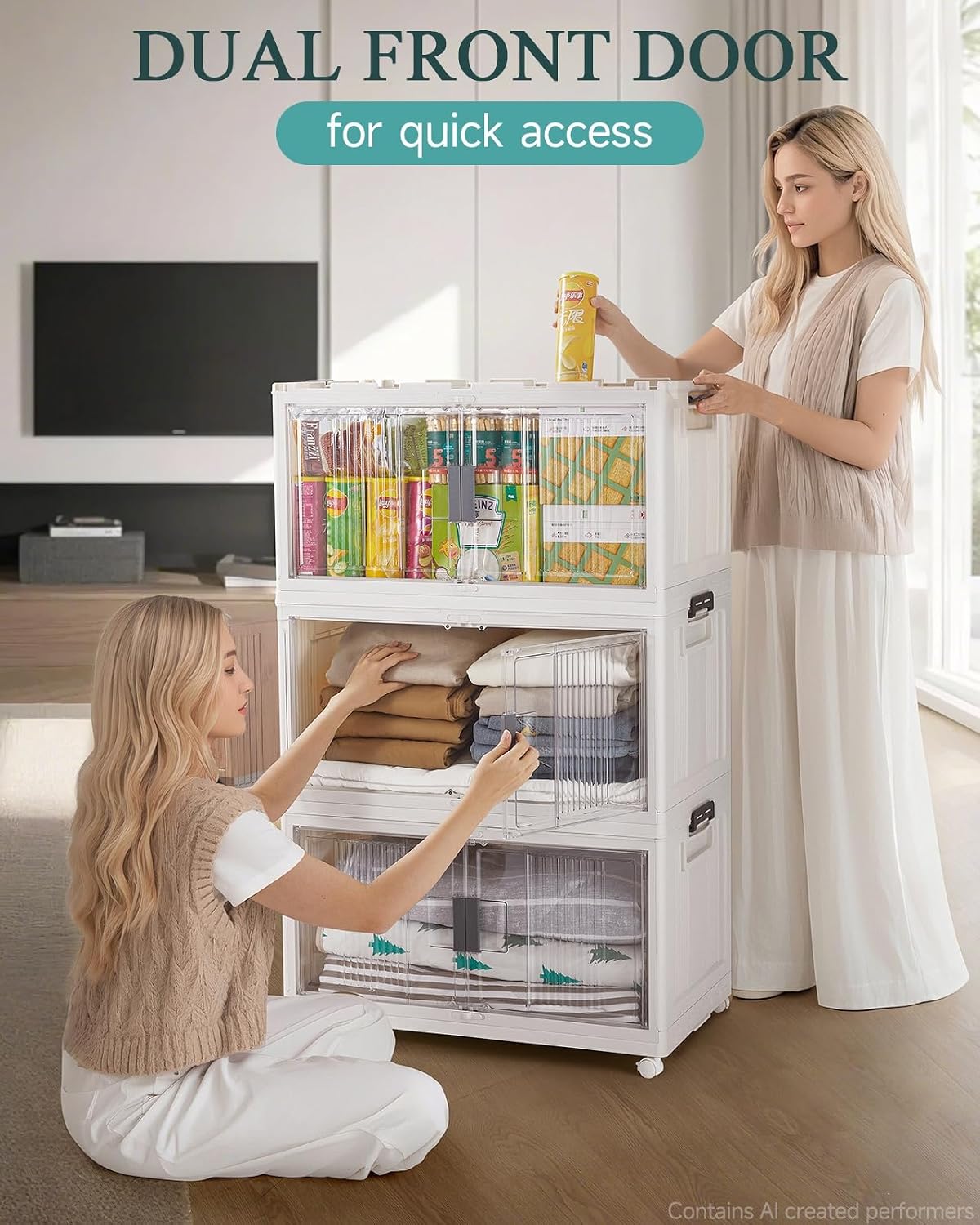 OlarHike 144QT Storage Bins with Lids for Closets, Office, Dorm, 3 Pack | Multi-Lid, Lockable Cabinet, Doors & Wheels, Foldable & Collapsible, Stackable Organizers, Plastic Drawers, School, Game Day