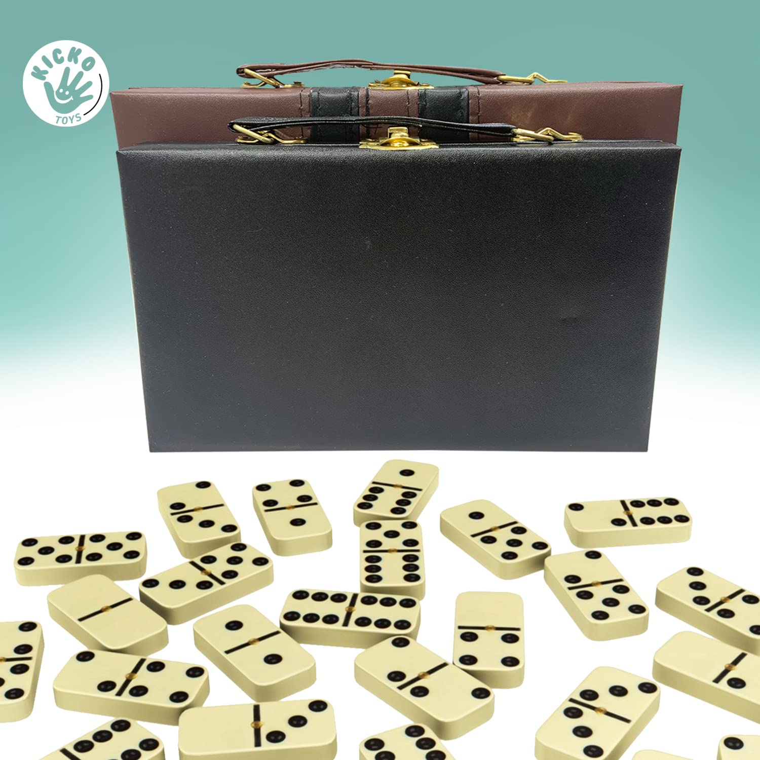 Kicko Domino Set - 28 Pieces Double Six Classic Dominoes in Durable Wooden Brown Box - Fun Mini Board Game for 2-4 Players - Ideal for Boys, Girls, Adults - Family Game Night and Vintage Party Games