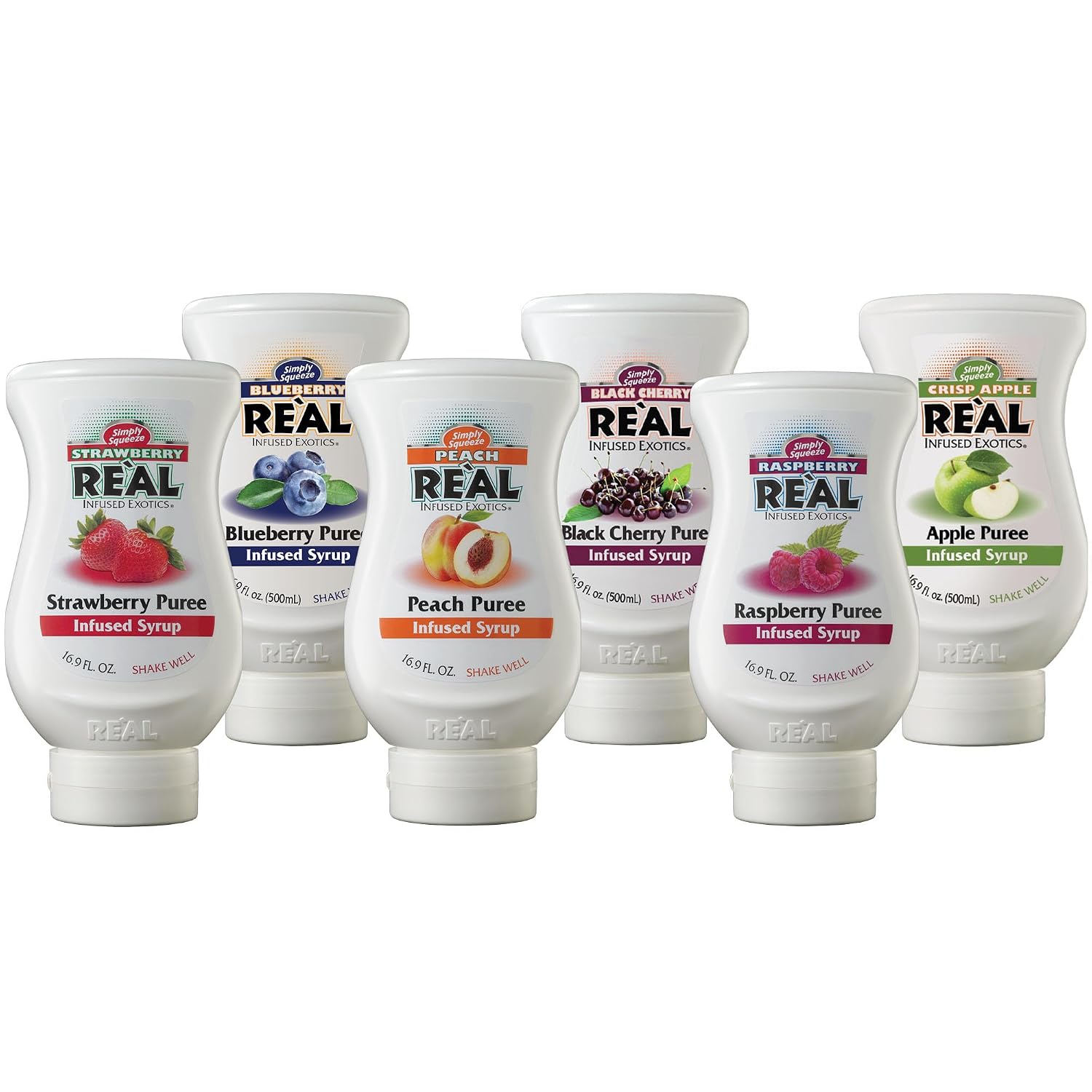 Reàl Infused Exotics Fruit Syrup Variety, 16.9 fl oz, 6 Pack | Strawberry, Raspberry, Peach, Blueberry, Black Cherry