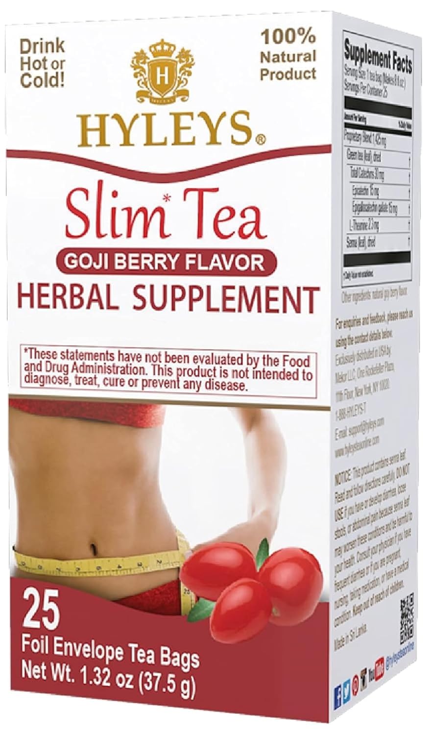 HYLEYS Slim Tea Goji Berry, Weight Loss Detox, Slimming Diet Tea, 25 Bags | Green Tea, Senna Detox & Cleanse, 3 Natural Ingredients, No Added Sugar, 1-Step Bedtime Routine, Supports Digestion