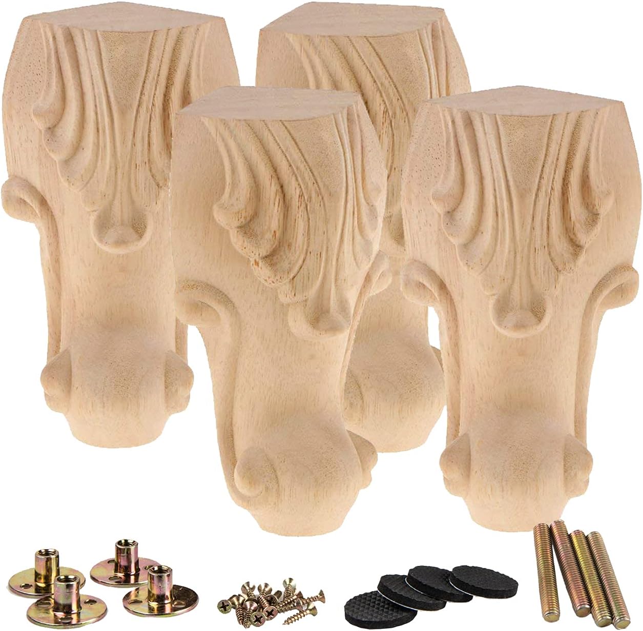 La Vane 6 inch / 15cm Wooden Furniture Legs, Set of 4 European Style Solid Wood Carving Furniture Replacement Feet Decoration for Sofa Cabinet Wardrobe Table Loveseat