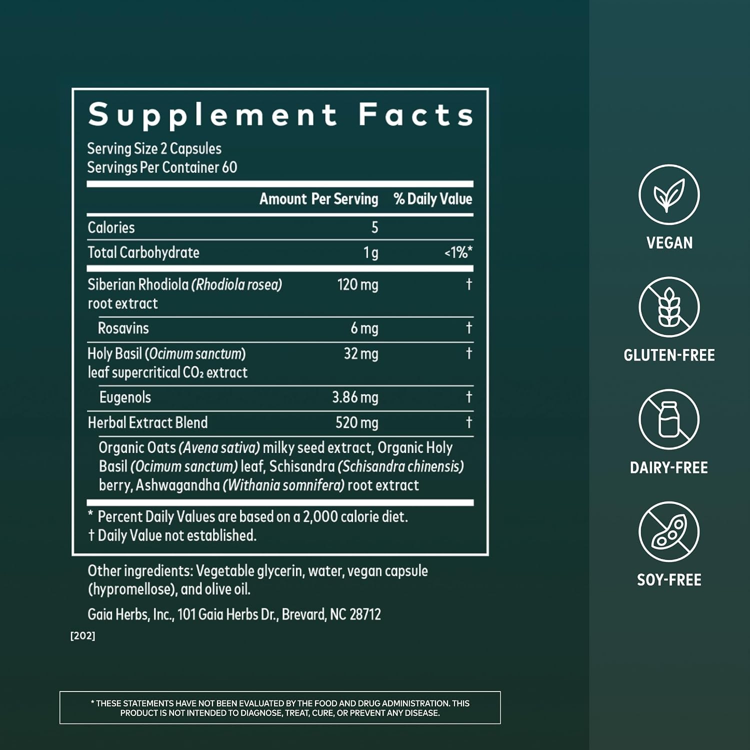 Gaia Herbs Adrenal Health Daily Support - Herbal Supplement with Ashwagandha, Holy Basil & Schisandra - Help Maintain Healthy Energy & Stress Levels* - 60 Vegan Liquid Phyto-Caps (30 Servings)