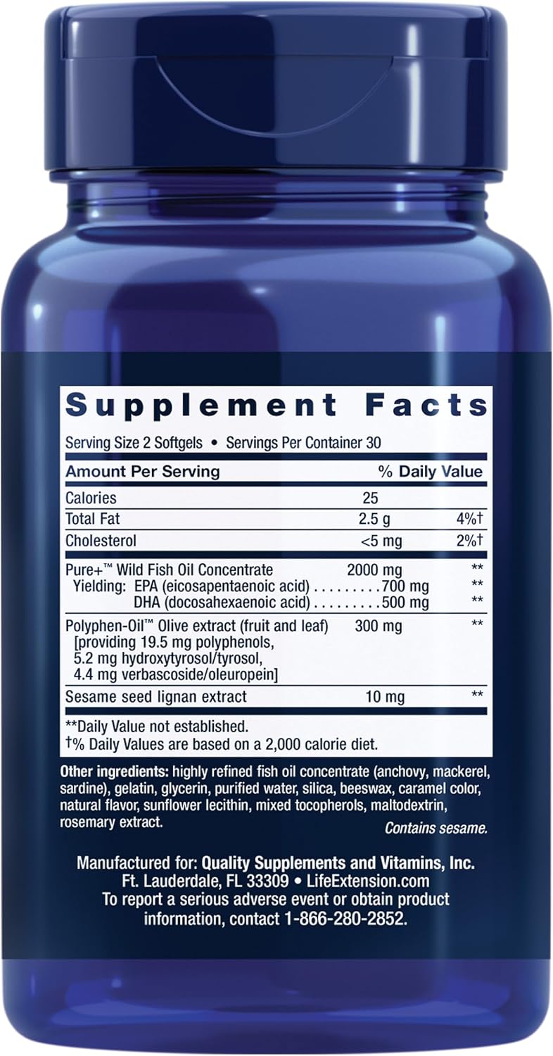 Life Extension Super Omega-3 EPA/DHA Fish Oil, Sesame Lignans & Olive Extract – Heart Health, Brain Health, Inflammation Health Support, Gluten-Free, Easy to Swallow, Non-GMO, 240 Softgels