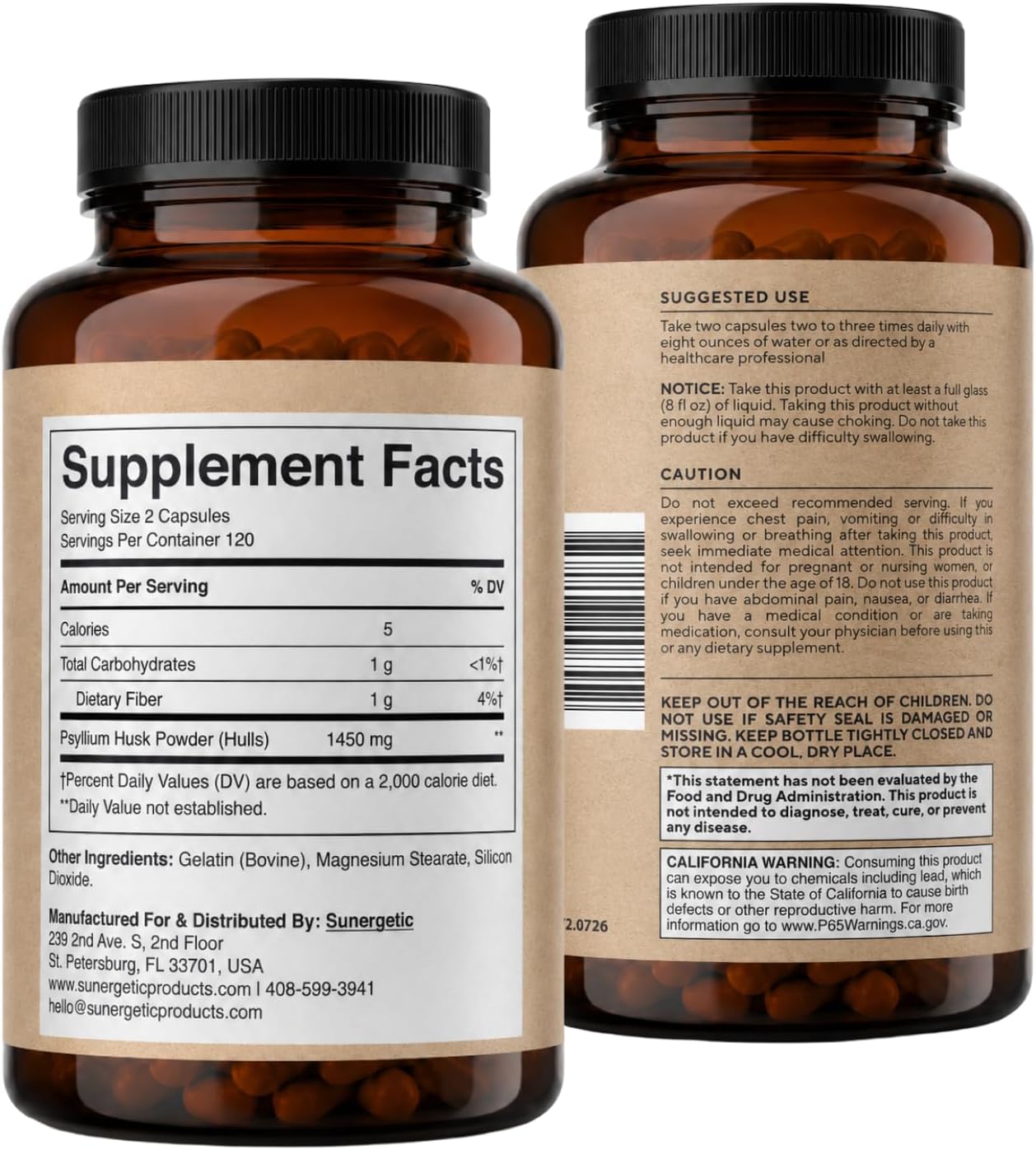 Premium Psyllium Husk Fiber Supplement 1450mg, 240 Capsules | 1,450 mg per 2-capsule serving; supports regularity & digestive health, with 120 servings and no powder mixing