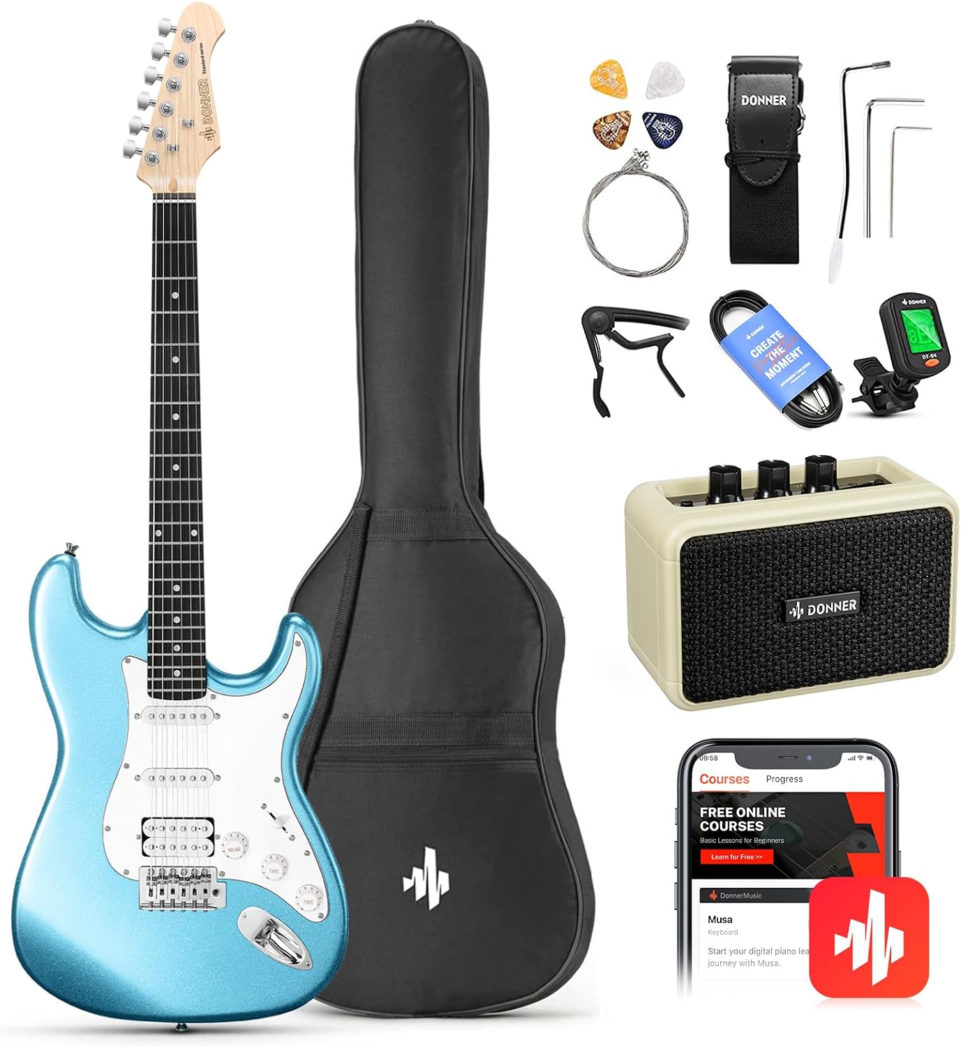 Donner 39-Inch Electric Guitar Starter Kit with Solid Body, HSS Pickup, Accessories, Amplifier, Lessons, and Digital Tuner - Red