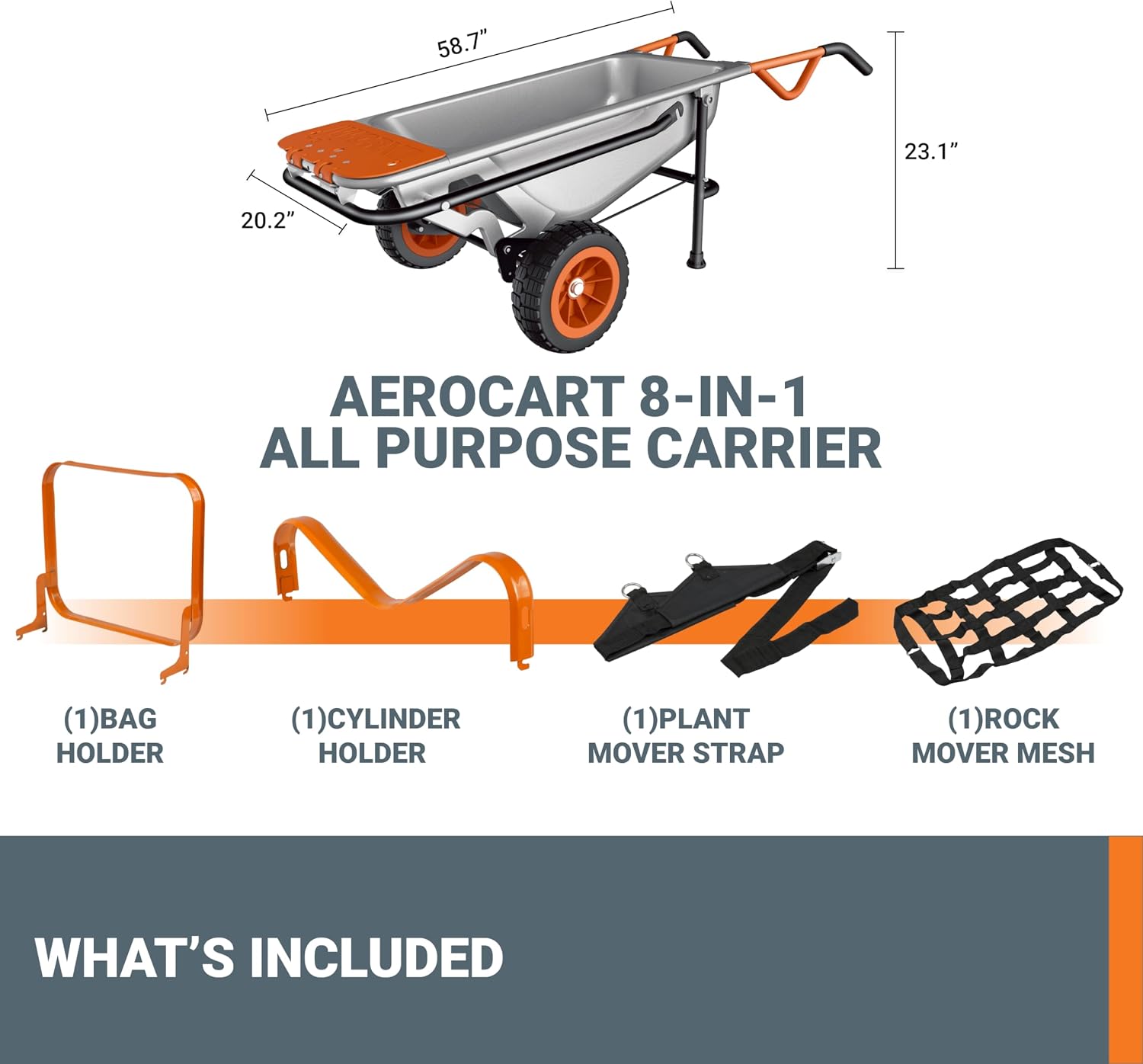 WORX Wheelbarrow Heavy Duty Dolly, 8-in-1 Aerocart Garden Cart, WG050 | lift 200 lbs like lifting 17 lbs; 8-in-1 versatility; smart 2-wheel design; heavy-duty durable construction
