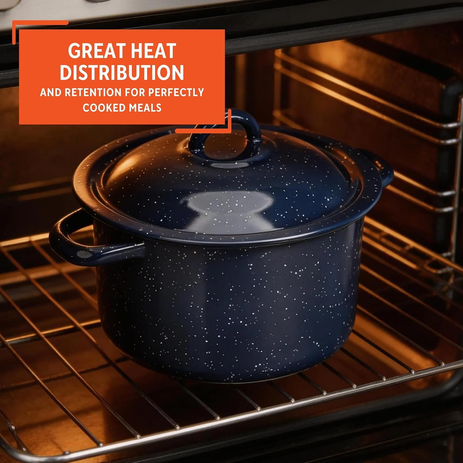 IMUSA USA C20666-1062810W Speckled Enamel Stock Pot with Lid, 4 Quart, Blue | Speckled Enamel Finish, Durable Steel Construction, Ideal for Soups and Stews, Great for Everyday Family Meals