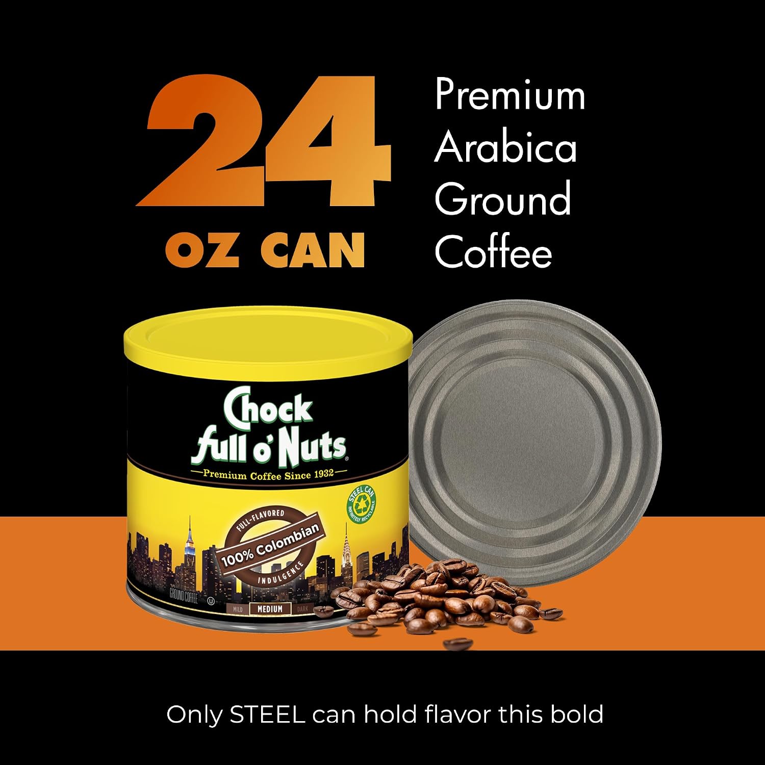 Chock Full o' Nuts French Roast Ground Coffee – Premium Beans in Recyclable Steel Can – Rich Flavor & Aroma, Dark Roast – Perfect for Drip, Pour-Over, Percolator – 26 Oz Can