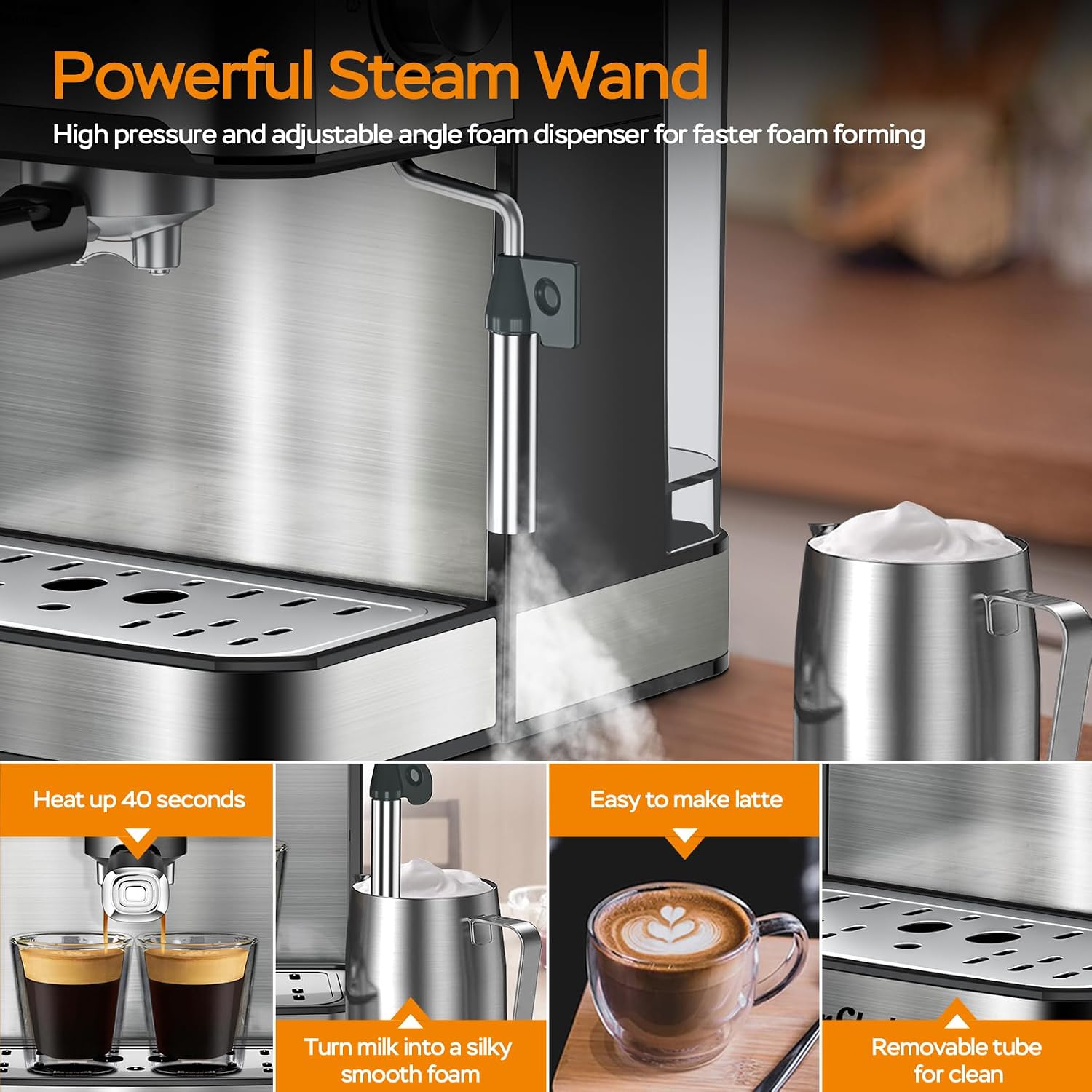 Plum chef Espresso Machine 20 Bar, Household Coffee Maker with Milk Frother Steam Wand, Pressure Gauge, 54oz Large Water Tank, Low Noise Fast Brew for Cappuccino Latte Macchiato Home Office
