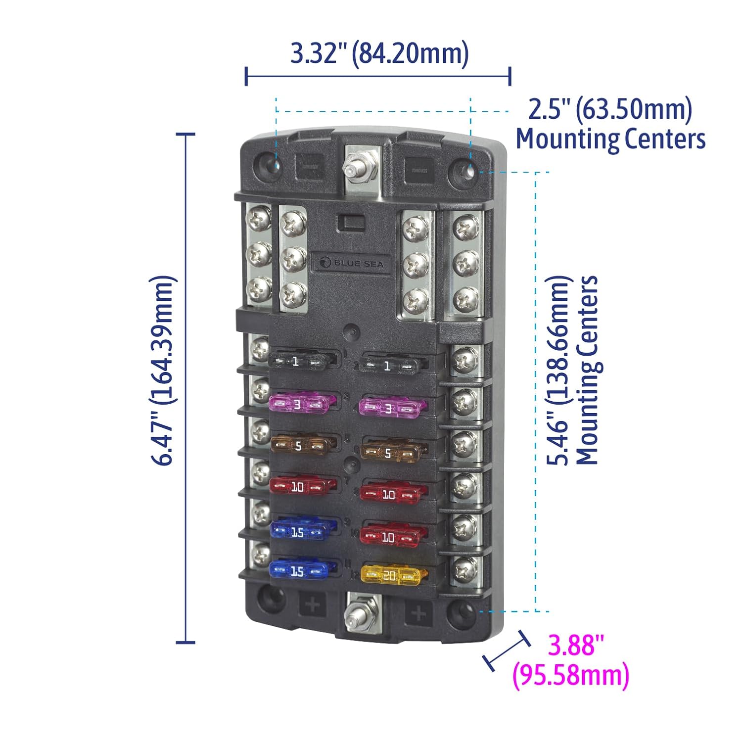 Blue Sea Systems ST Blade Fuse Block 6 Way Circuits with Negative Bus and Cover, 100 Amps, 5025