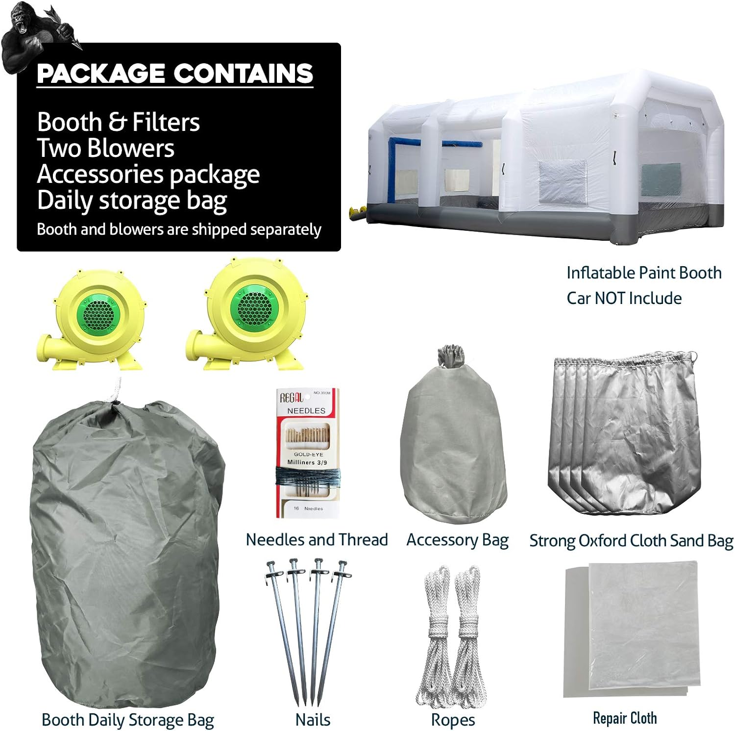 GORILLASPRO Inflatable Paint Booth 26x15x10Ft, Inflatable Spray Booth with (750W + 950W) Blowers, Upgrade Air Filter System Environment Friendly