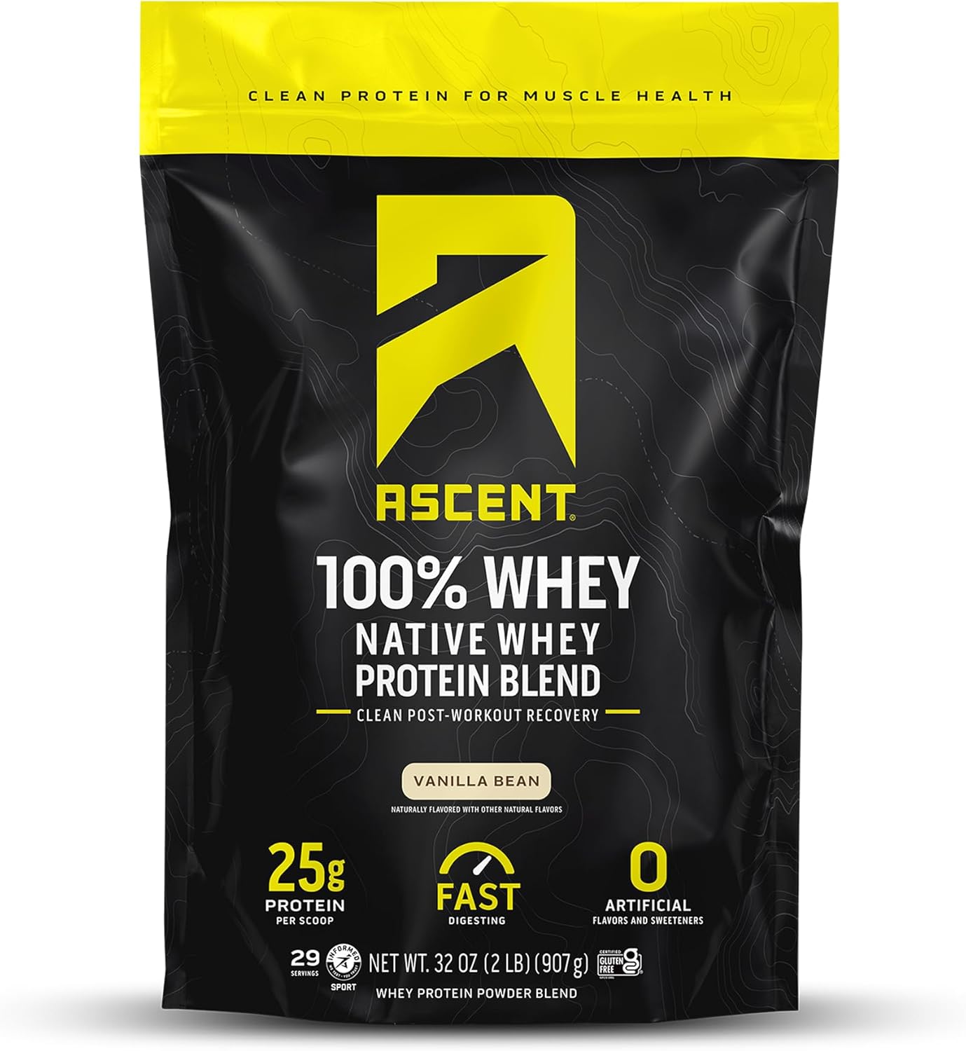 Ascent 100% Whey Protein Powder - Post Workout Whey Protein Isolate, Zero Artificial Flavors & Sweeteners, Gluten Free, 5.5g BCAA, 2.6g Leucine, Unflavored 2 lb