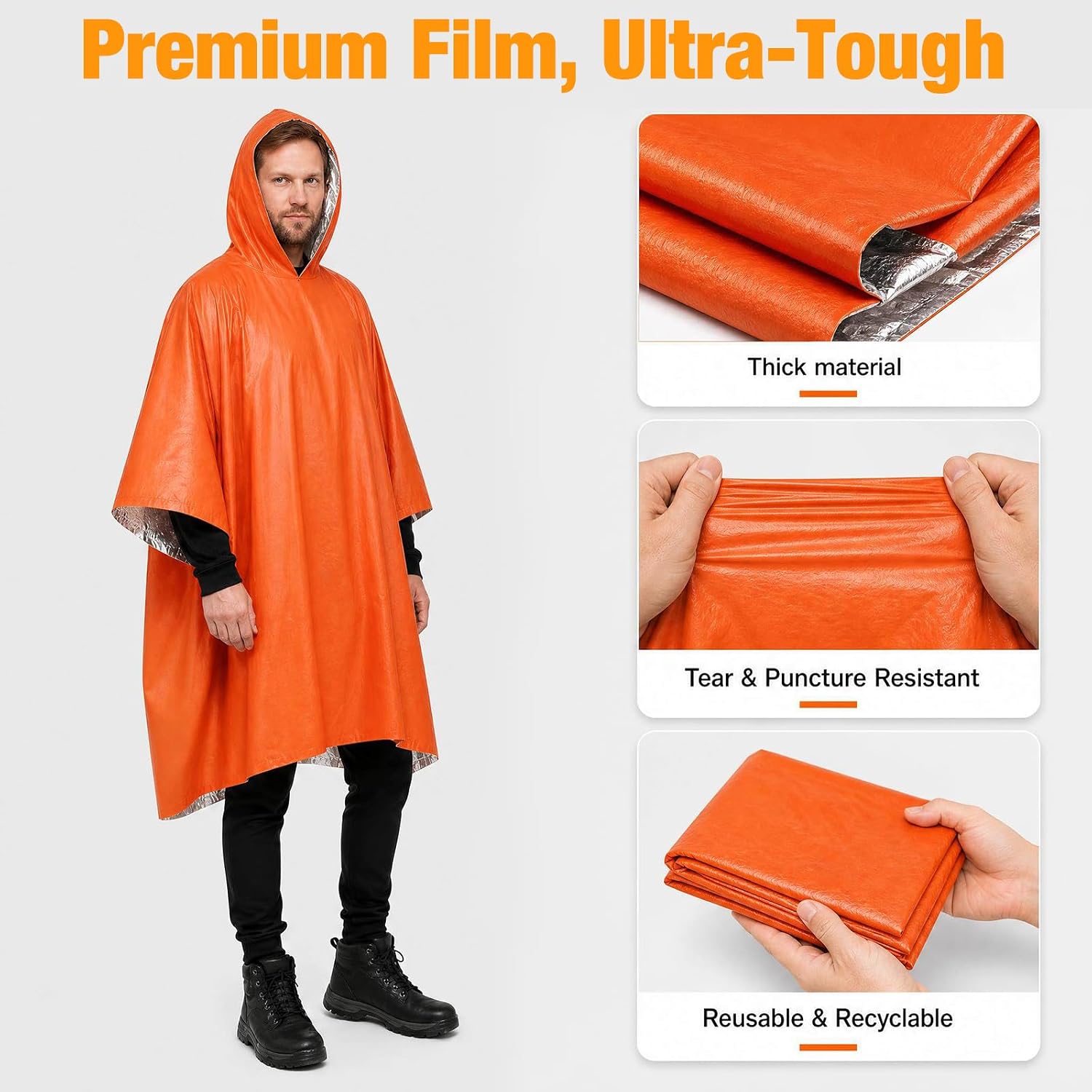 4 Pack Emergency Survival Mylar Poncho | 90% Heat Retention, Waterproof, Windproof, Tear-Resistant, Individually Packed for Hiking, Camping, Car Emergency Kit
