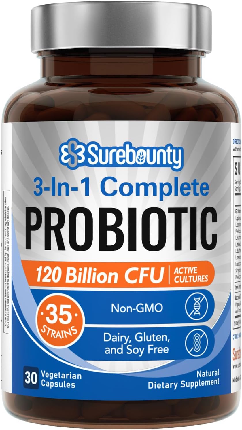 Probiotics 120 Billion CFU, Probiotics for Men & Women, Prebiotics + Digestive Enzymes, Highest Potency, 3-in-1 Complete Probiotic, 30 Capsules