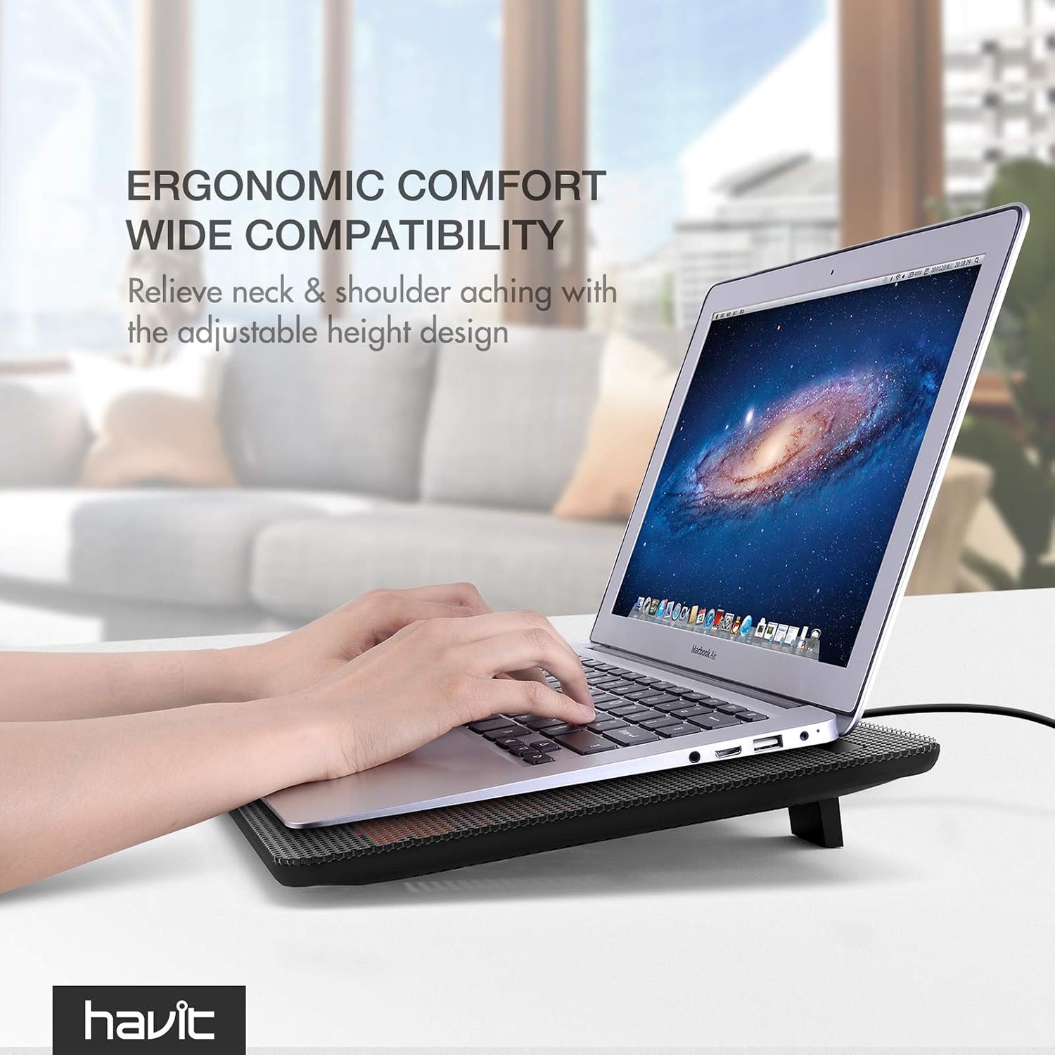 havit HV-F2056 15.6"-17" Laptop Cooler Cooling Pad - Slim Portable USB Powered (3 Fans), Black/Blue | Three quiet USB-powered fans circulate air below the laptop, two height settings improve viewing and typing comfort