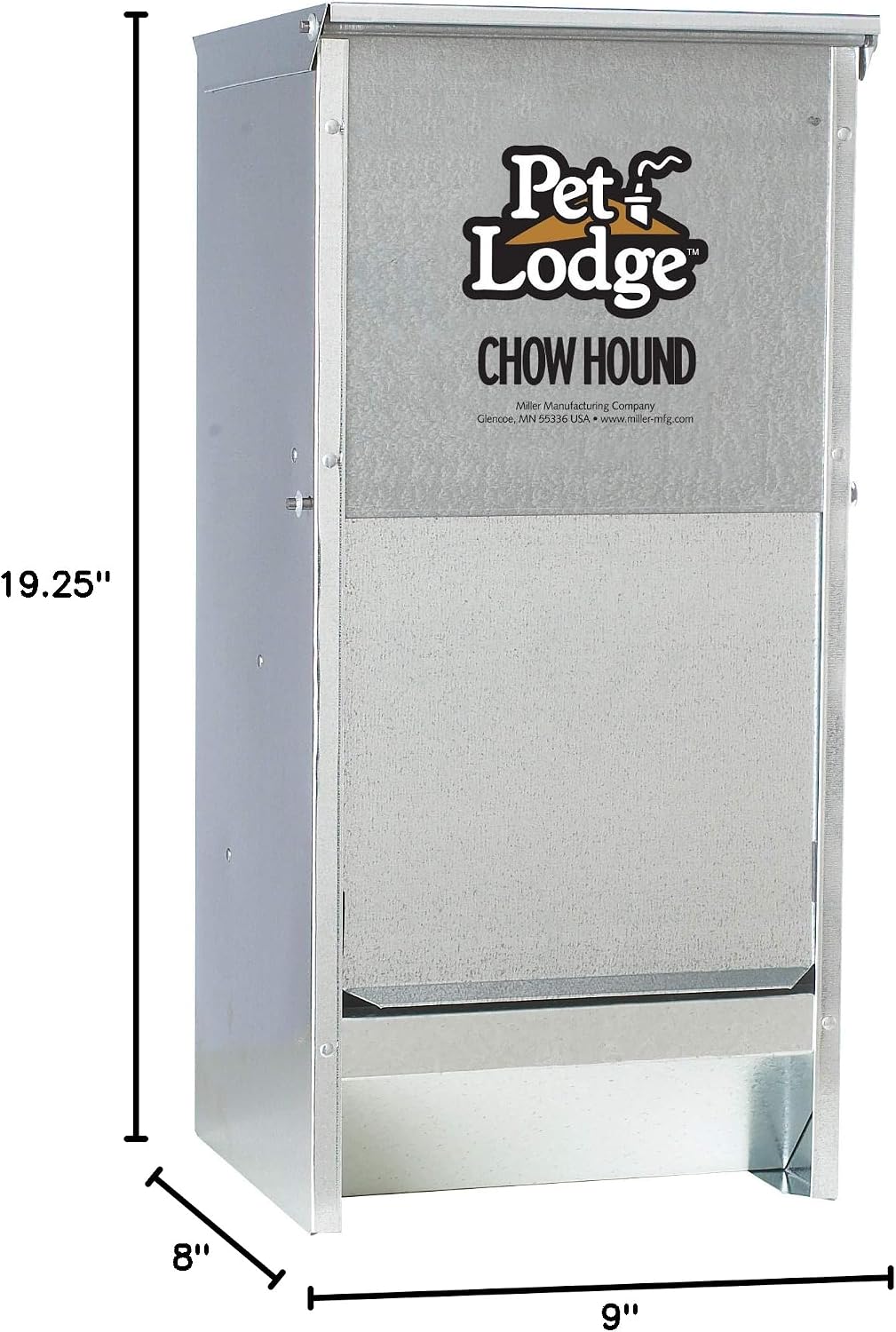 Pet Lodge® Automatic Dog Feeder | Chow Hound Outdoor Pet Feeder | Tough Galvanized Steel | Made in USA (25 lb) | Easy Access Magnetized Door and Angled Chute for Dogs, Silver, 1 Pack
