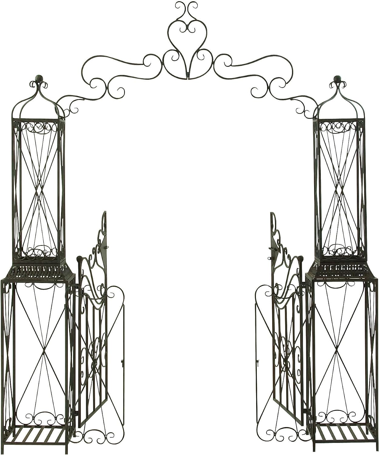 Deco 79 Metal Indoor Outdoor Garden Arbor, 78" x 14" x 94", Matte Bronze | Elevate patios and gardens, metal garden arch trellis, metal trellis for climbing plants outdoor, double doors, scroll latch