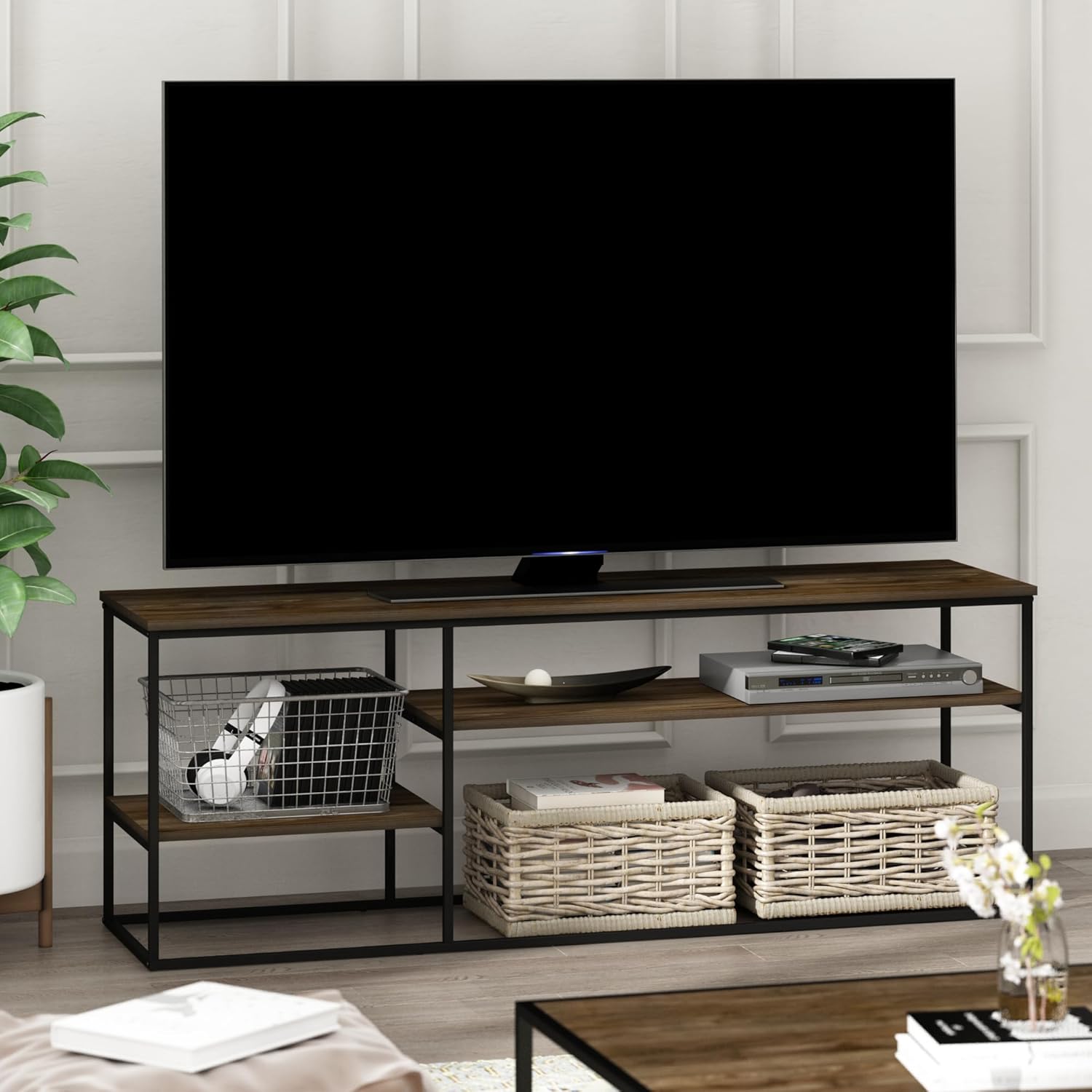 Furinno Moretti 3-Tier Metal Frame TV Stand, French Oak Grey