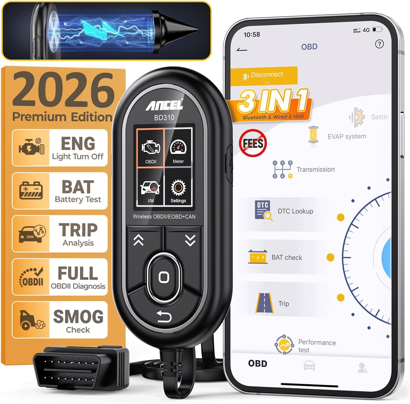 ANCEL BD310 Bluetooth OBD2 Scanner, 2-in-1 Car Diagnostic Scan Tool & Code Reader with App, Battery Test, Trip Analysis, Performance Test