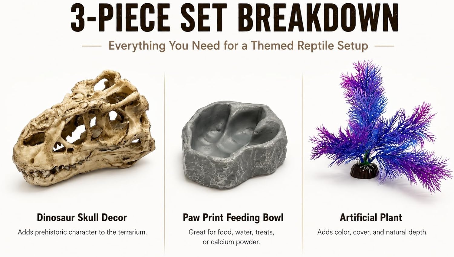 Reptile Tank Accessories Set, Dinosaur Skull Decor with Footprint Reptile Bowl and Artificial Plant, Bearded Dragon Tank Accessories