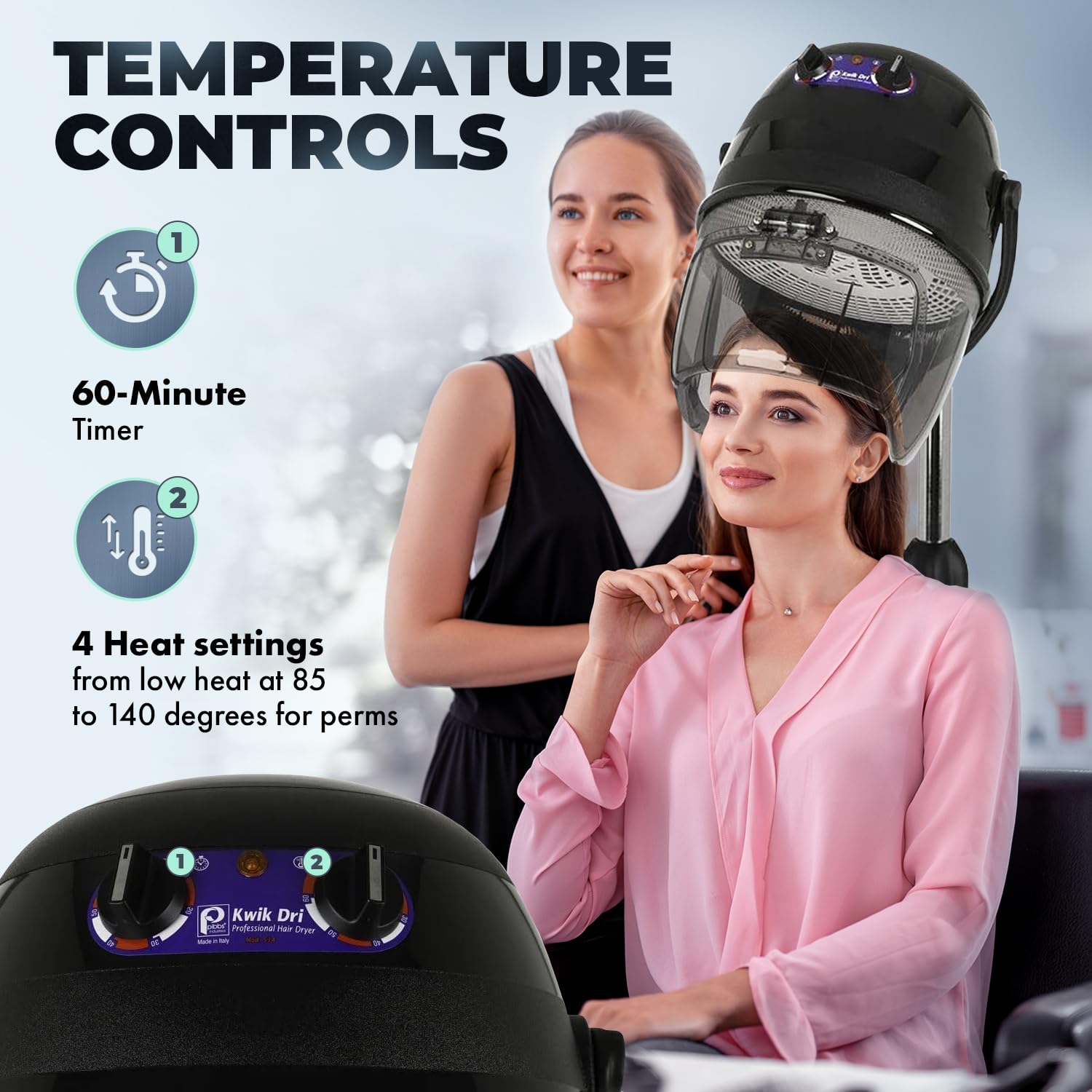 514 Kwik Dri Professional Salon Hooded Hair Dryer 1100W Black | Italian-Made CE Certified, Adjustable Height And Hood, 0–60 Min Timer, Temp Dial