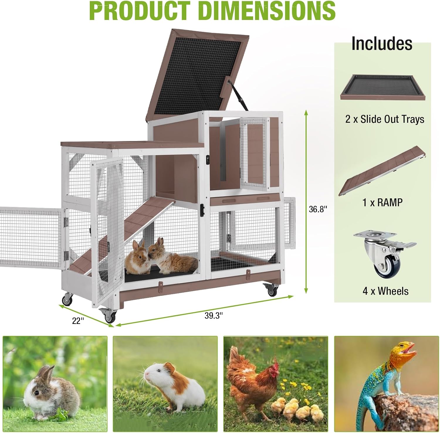 Indoor Rabbit Bunny Hutch Outdoor, Guinea Pig Cages with Removable Bottom Wire Netting - Easy Clean