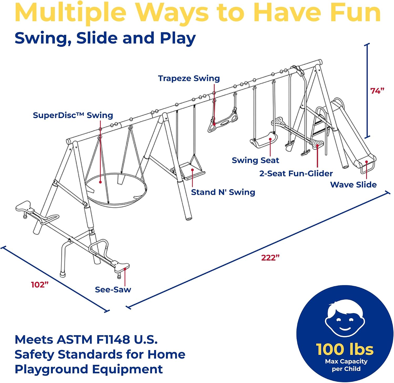 XDP Recreation Deerfield Outdoor Playground Swing Set with Slide & See Saw