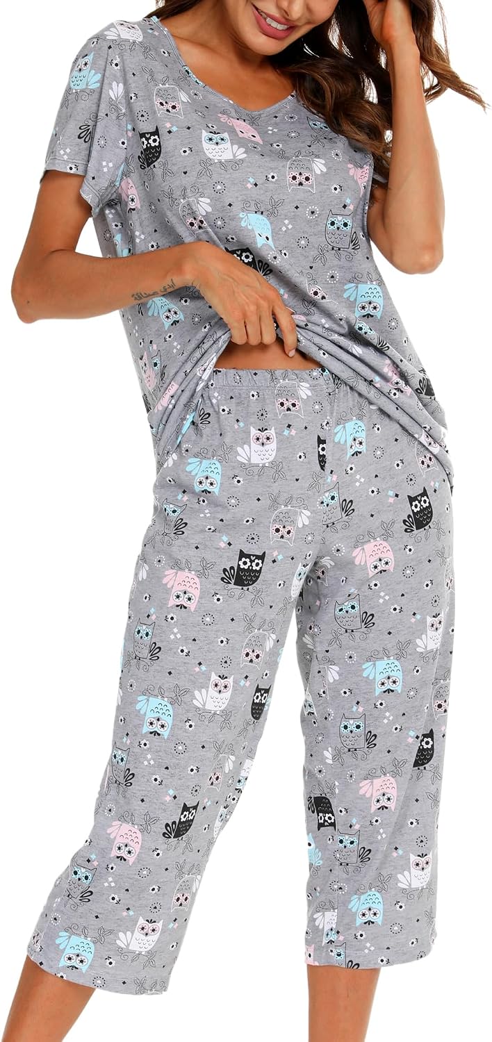 ENJOYNIGHT Womens Pajama Set Cotton Summer Pj Top with Capri Pant Sleepwear