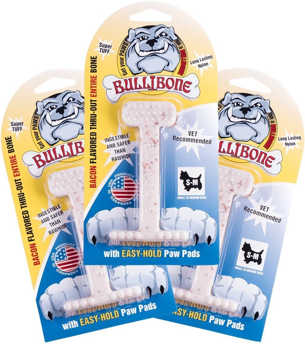 Bullibone Nylon Dog Chew Toy for Aggressive Chewers - Dental Hygiene Bone with Beef Flavor, Durable Tough Chew Toys for Small Dogs, Indestructible Dog Bone - 3 Pack