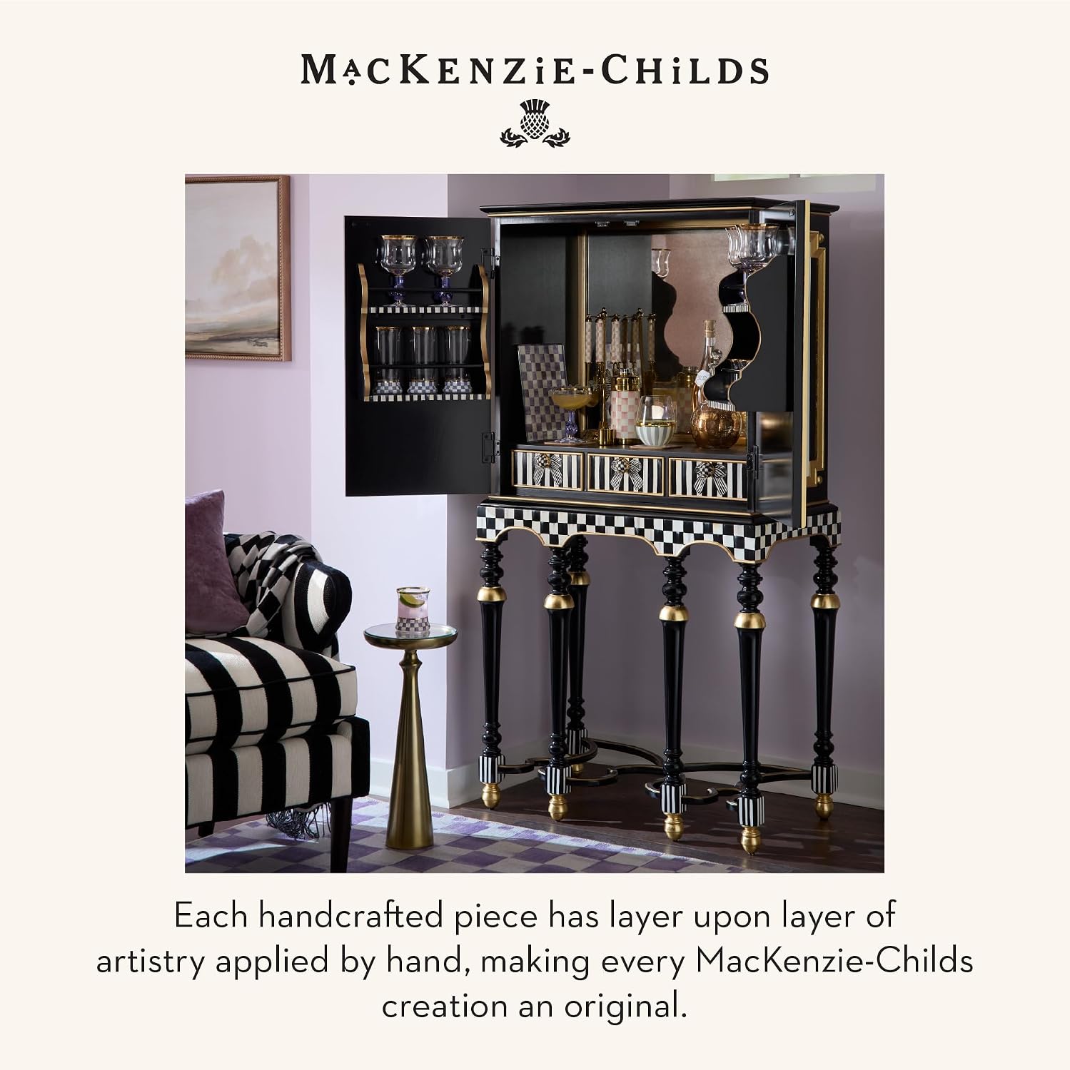 MACKENZIE-CHILDS Square Coasters Set, Black-and-White Courtly Check | Hand-painted design, made from MDF with a cork back, table coasters for drinks, 4" square, set of 4