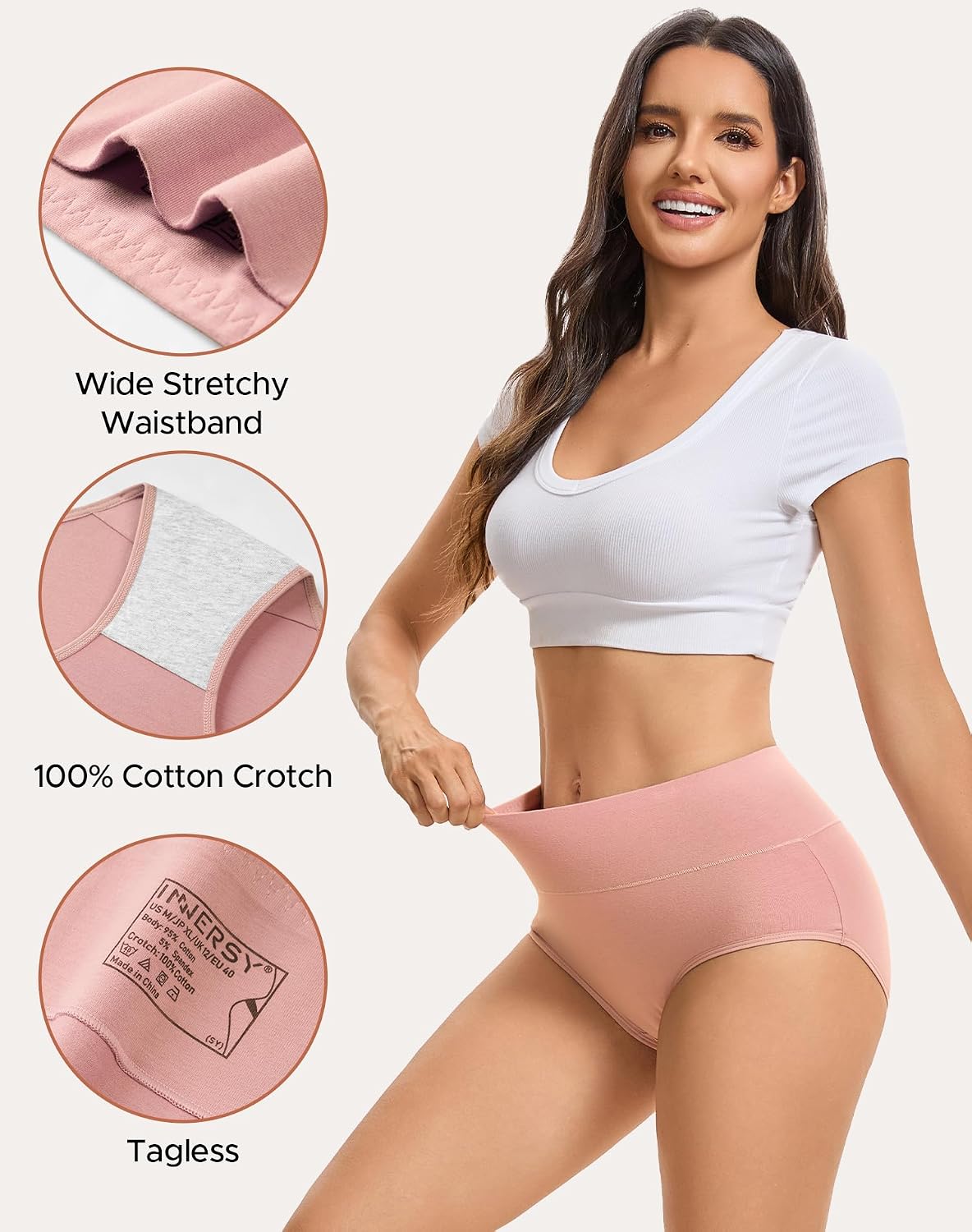 INNERSY Women's High Waisted Underwear Cotton Panties Regular & Plus Size 5-Pack