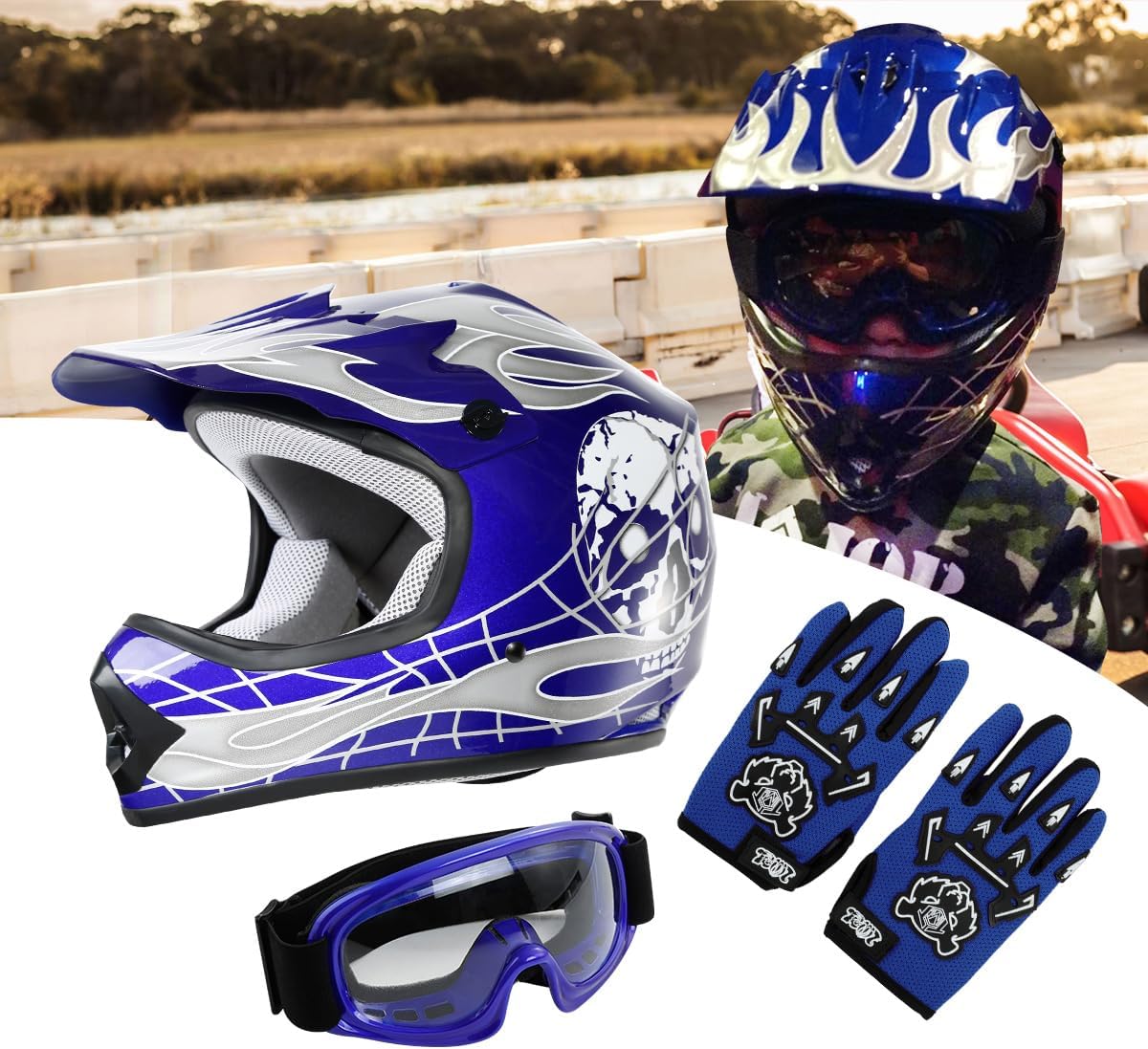 SLMOTO ATV Helmets for Kids Youth DOT Motocross Offroad Street Helmet Motorcycle Blue Helmet Dirt Bike Motocross Helmet+Goggles+Gloves