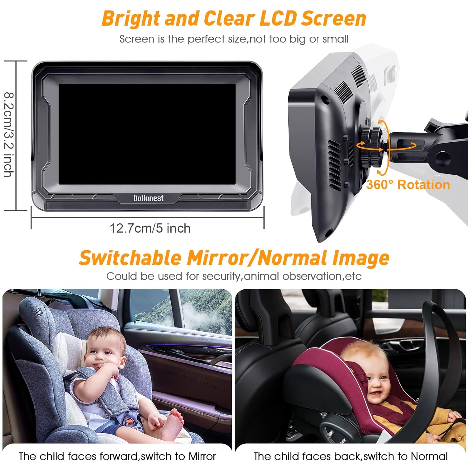 DoHonest Baby Car Camera HD 1080P - Rear-Facing Car Baby Monitor with Night Vision, Adjustable View Angle, Easy Setup, Anti-Glare Display