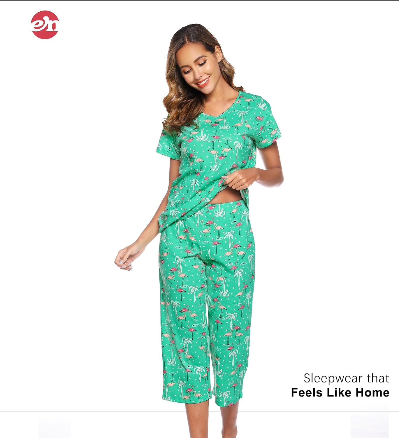 ENJOYNIGHT Womens Pajama Set Cotton Short Sleeve Top With Capri Pants Pj