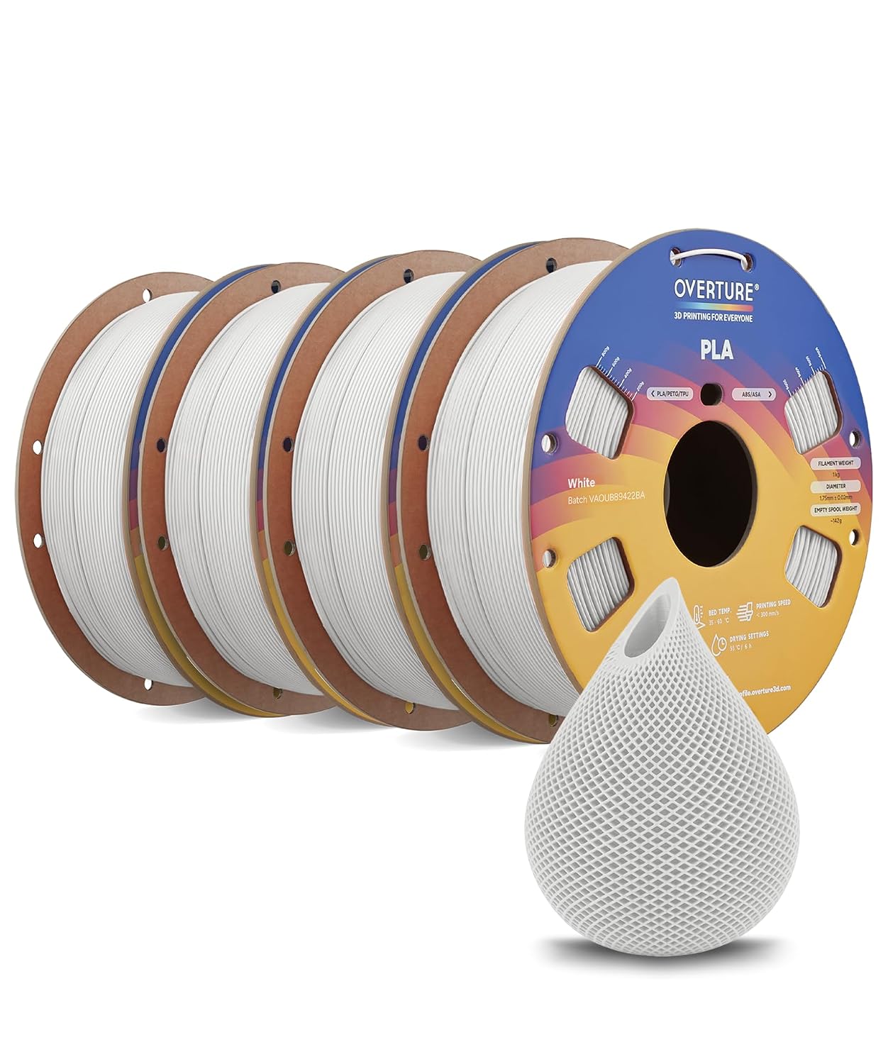 OVERTURE High Speed PLA Filament 1.75mm 3D Printer Filament,1kg White