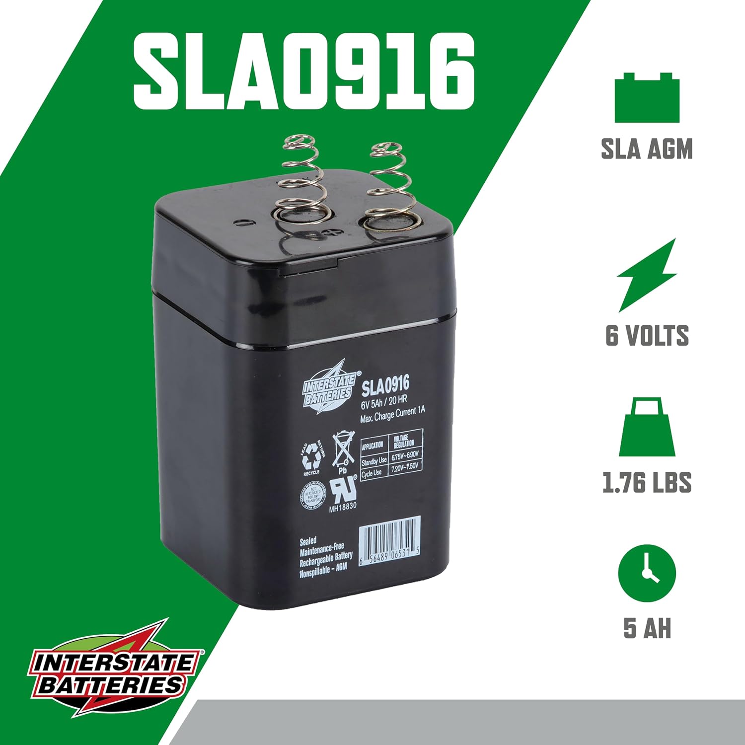 Interstate Batteries SLA Battery 6V 5Ah AGM VRLA (Spring Terminal) SLA0916