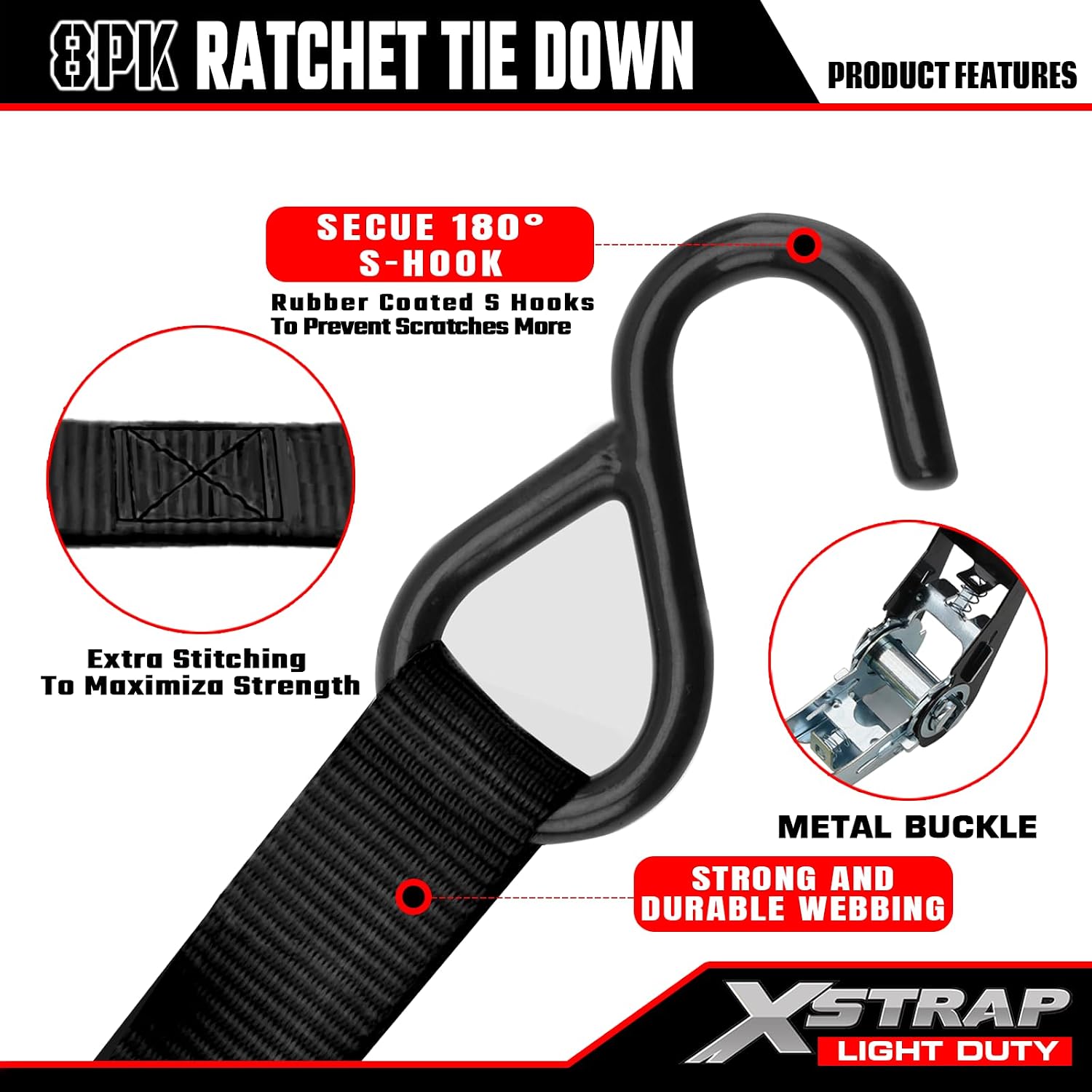 XSTRAP STANDARD 8-PK Ratchet Tie Down Straps, 1" x 10ft Cargo Strap, Yellow
