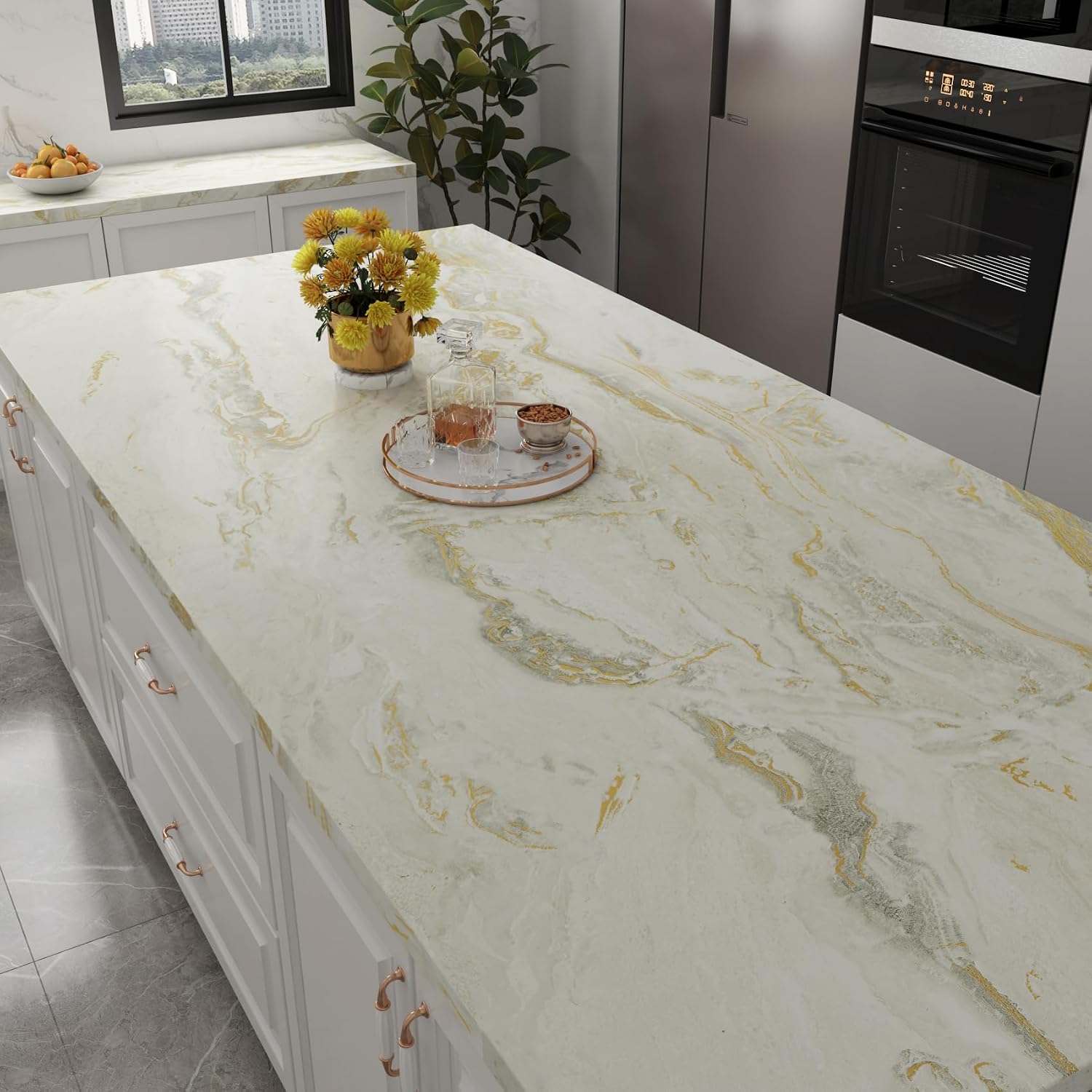Yenhome Marble Countertop Contact Paper Waterproof Beige Gold Grey Marble Contact Paper for Countertops 17.7"X118" Self Adhesive Marble Wallpaper for Kitchen Matte Peel and Stick Countertop Wrap Vinyl