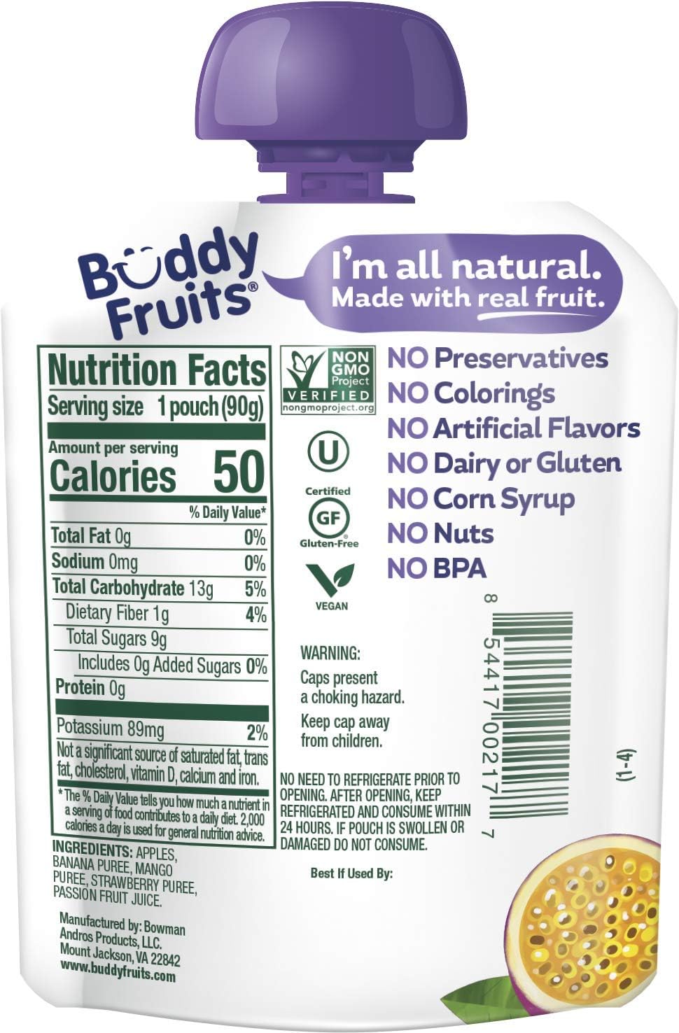 Buddy Fruits Snacks To Go Multifruit Unsweetened Applesauce 3.2oz Pouch (18pk) Gluten-Nut-Dairy-Preservatives-BPA Free, Non GMO, Kosher