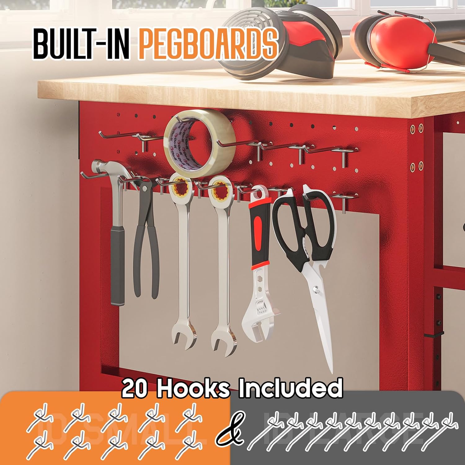 SPECRAFT Adjustable Black Heavy-Duty Workbench | 2000 Lbs Capacity, Rubber Wood Top, 4 AC Outlets and 2 USB Ports, for Garage, Workshop and Office
