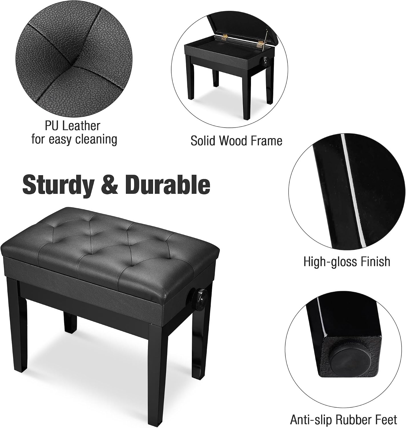 AW Adjustable Piano Bench with Storage Brown Wooden Keyboard Stool Seat | Leather Cushion Paino Chair for Piano Shop Music School Studio Capacity 400lbs