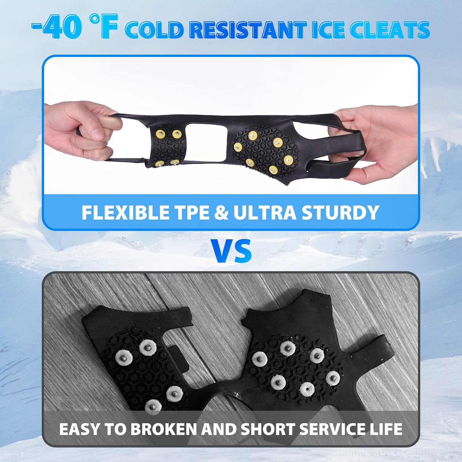 Ice Cleats for Boots Shoes, Snow Grips Cleats for Ice and Snow Anti-Slip Rubber Traction Cleats for Walking on Snow and Ice 10 Steel Studs Crampons for Hiking, Walking, Climbing, Jogging