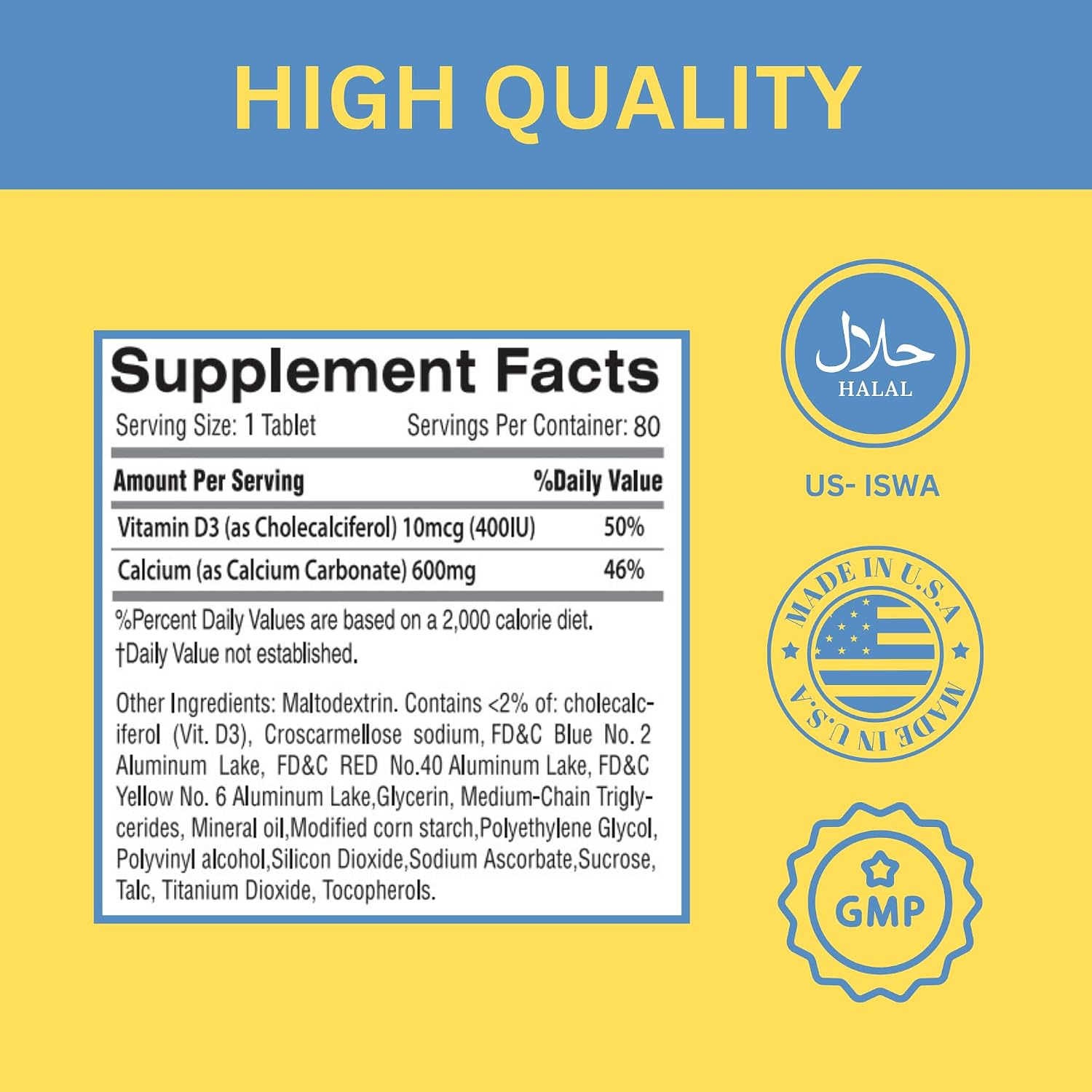 Greenfield Nutritions Halal Calcium Tablets with Vitamin D3 - Halal Calcium 600mg with Vitamin D3 400IU - 90 Halal Vitamins Calcium Tablets for