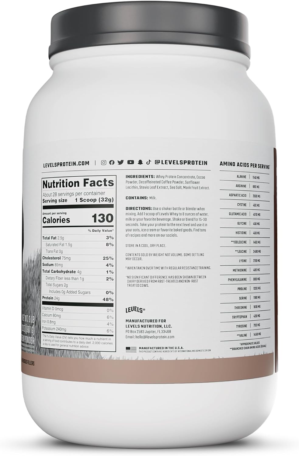 Levels Whey Protein Powder, No Artificial Ingredients, Pure Chocolate, 5LB | 24G of Protein, 5.4G BCAAs, Clean Ingredients, Hormone Free Dairy, No Fillers, No Added Sugar, No Junk