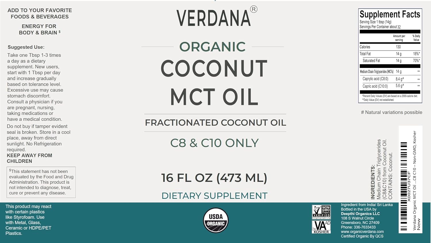 Verdana USDA Certified Organic Coconut MCT Oil –Fractionated Coconut Oil – No Palm Kernel Used – Kosher, Food Grade
