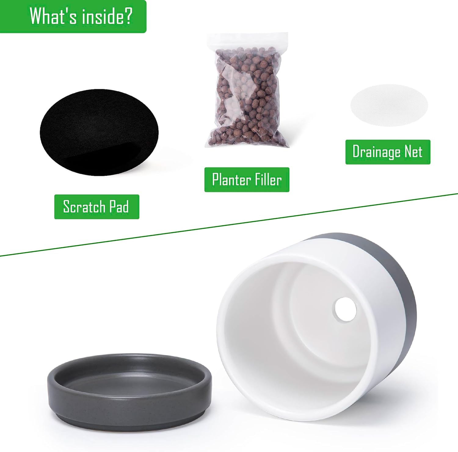 D'vine Dev 2-Pack Ceramic Pots with Saucers, White/Grey, 4.7 in, 94-V-B-6