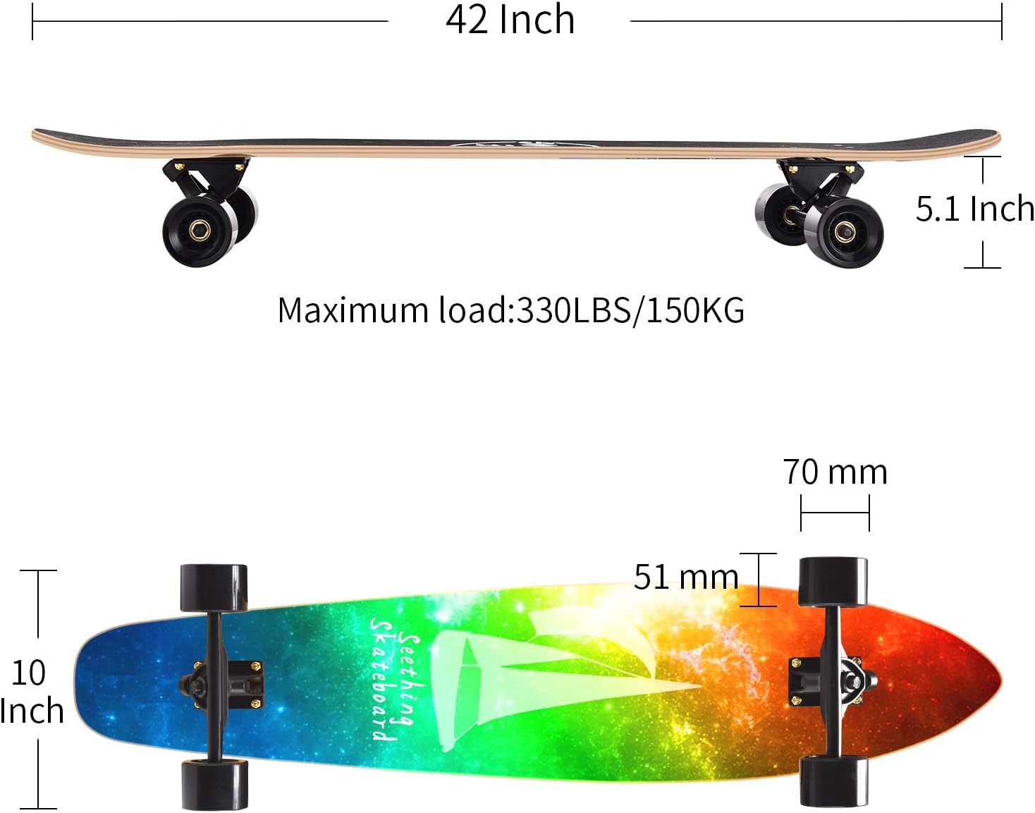 seething 42 Inch Longboard Skateboard Complete Cruiser Pintail, The Original Artisan Maple Skateboard Cruiser Pintail for Cruising, Carving
