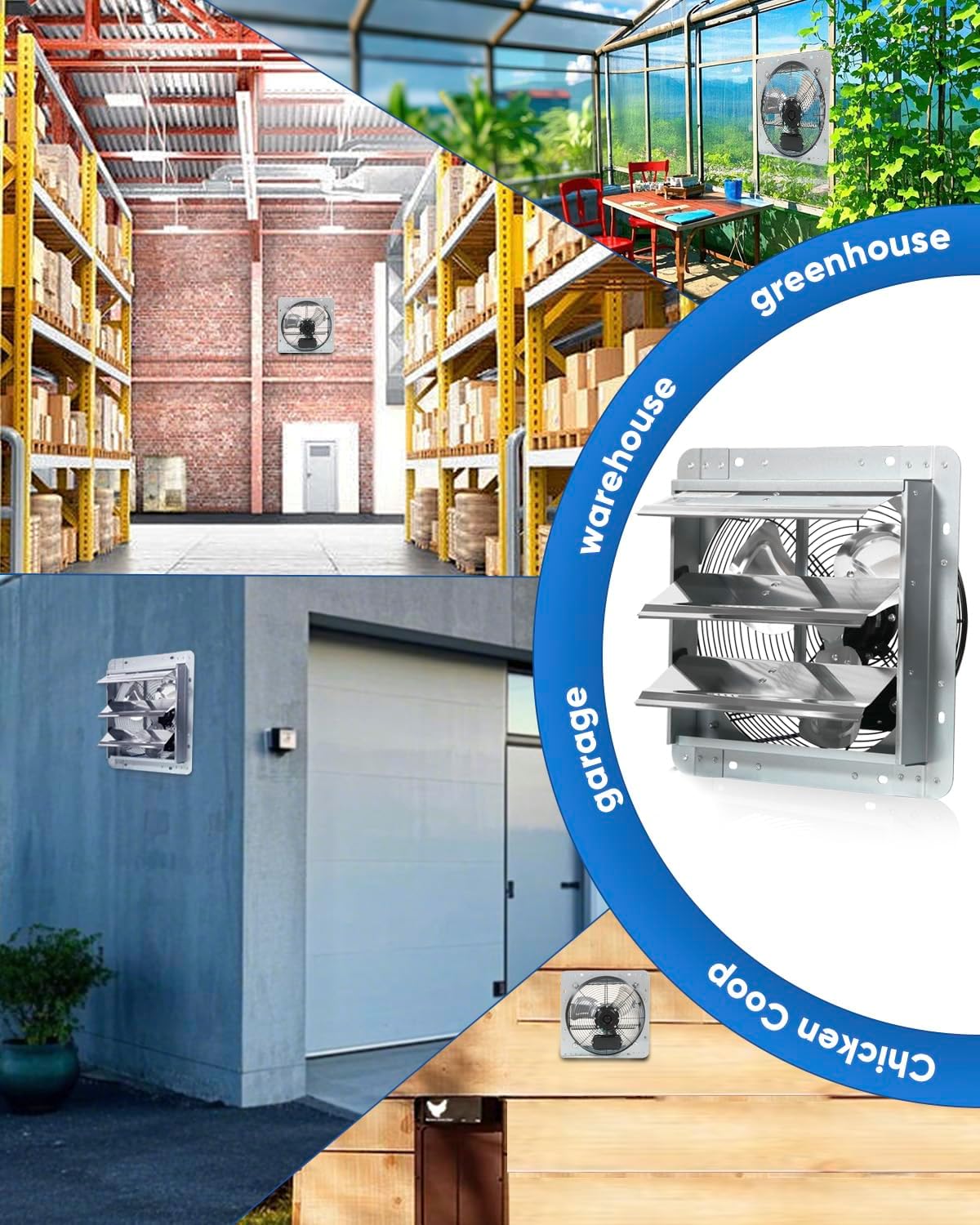 KEN BROWN 12 Inch Shutter Exhaust Fan Wall Mounted, Aluminum with 1.65 Meters Power Cord Kit, High Speed 1450CFM, Vent fan for Commercial, Greenhouse